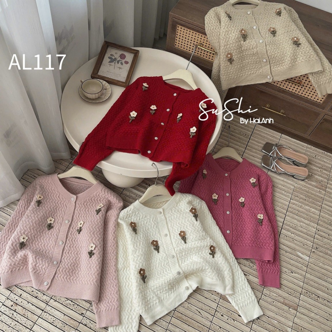 AL117 cardigan sóng lượn cây hoa