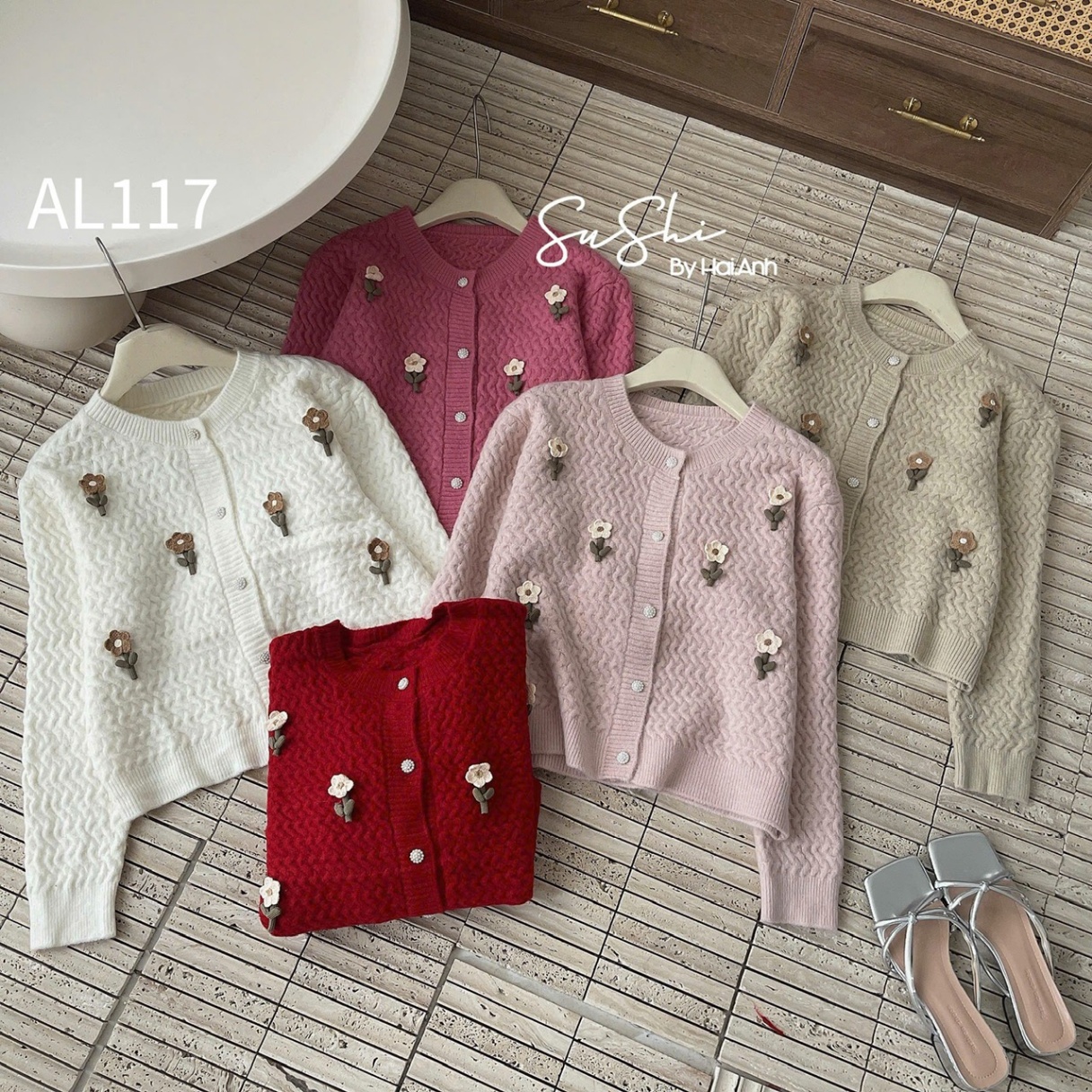 AL117 cardigan sóng lượn cây hoa