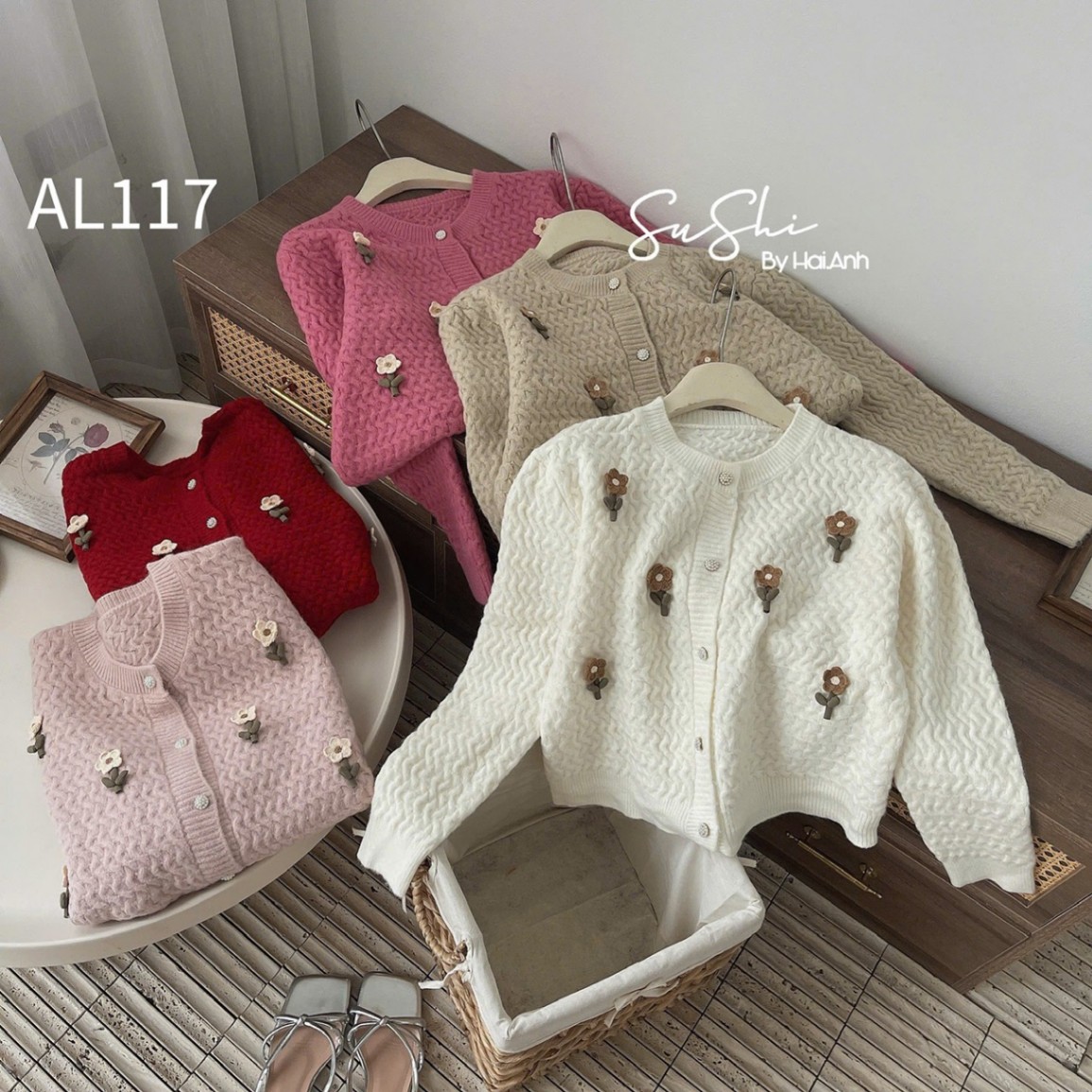 AL117 cardigan sóng lượn cây hoa