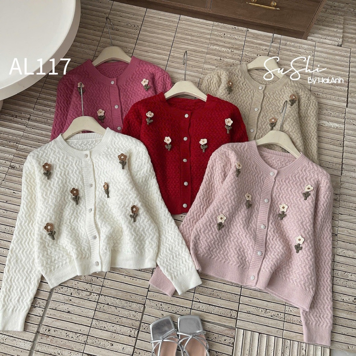 AL117 cardigan sóng lượn cây hoa