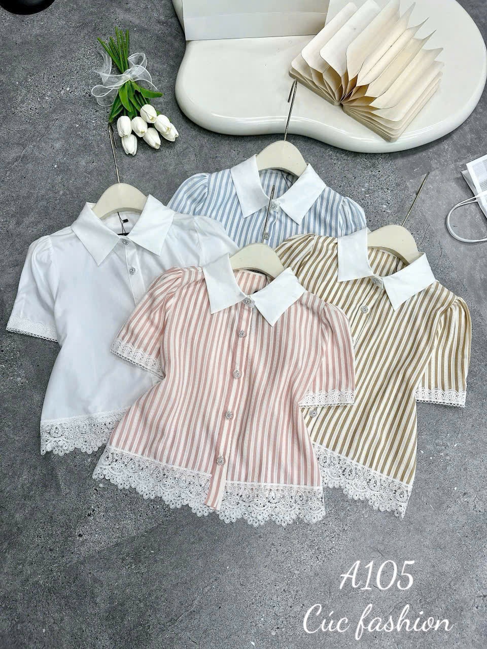 A105 Áo sơ mi gấu ren cúc đá