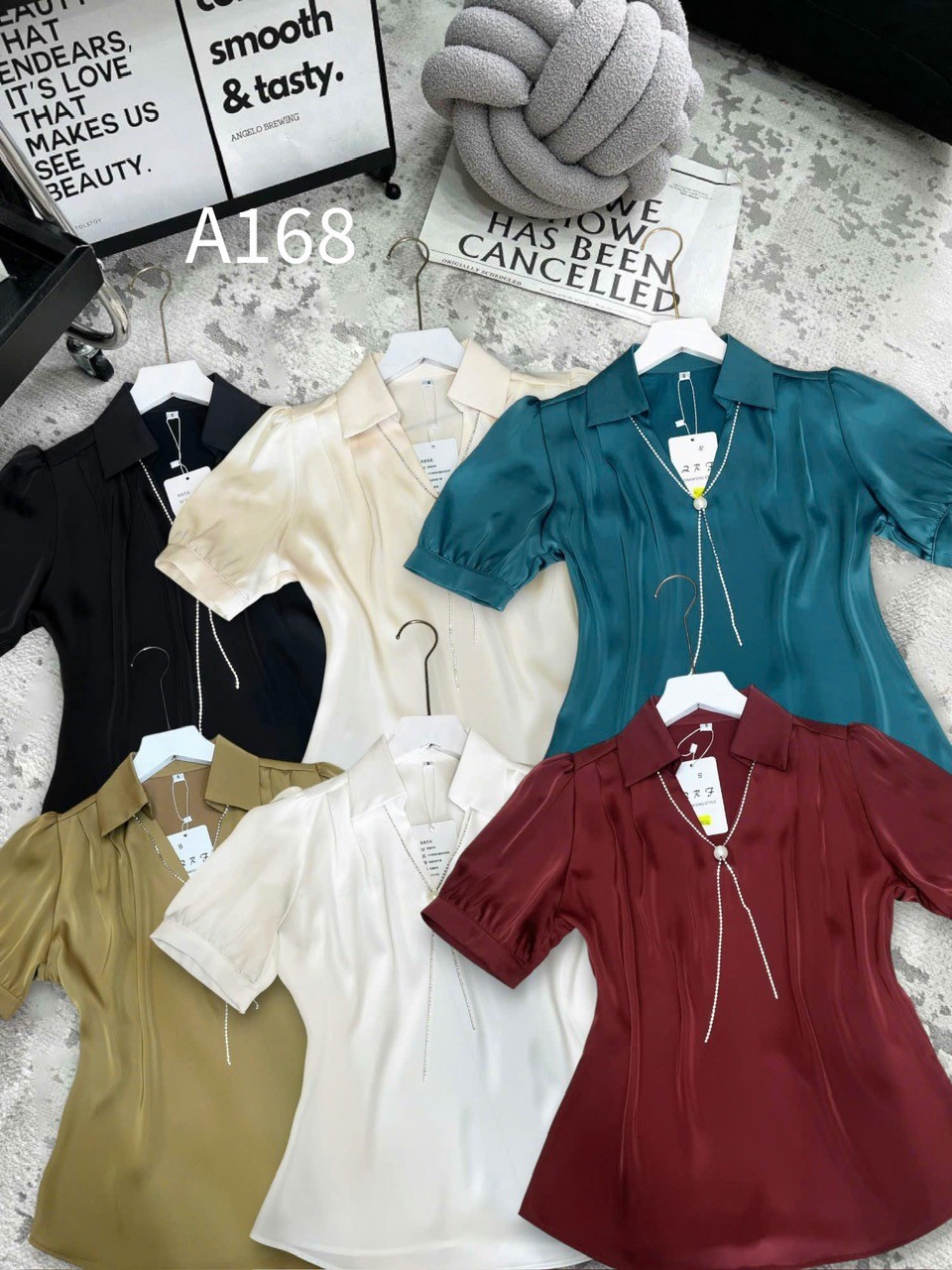 A168 Áo sơ mi lụa tay cộc dây ngọc