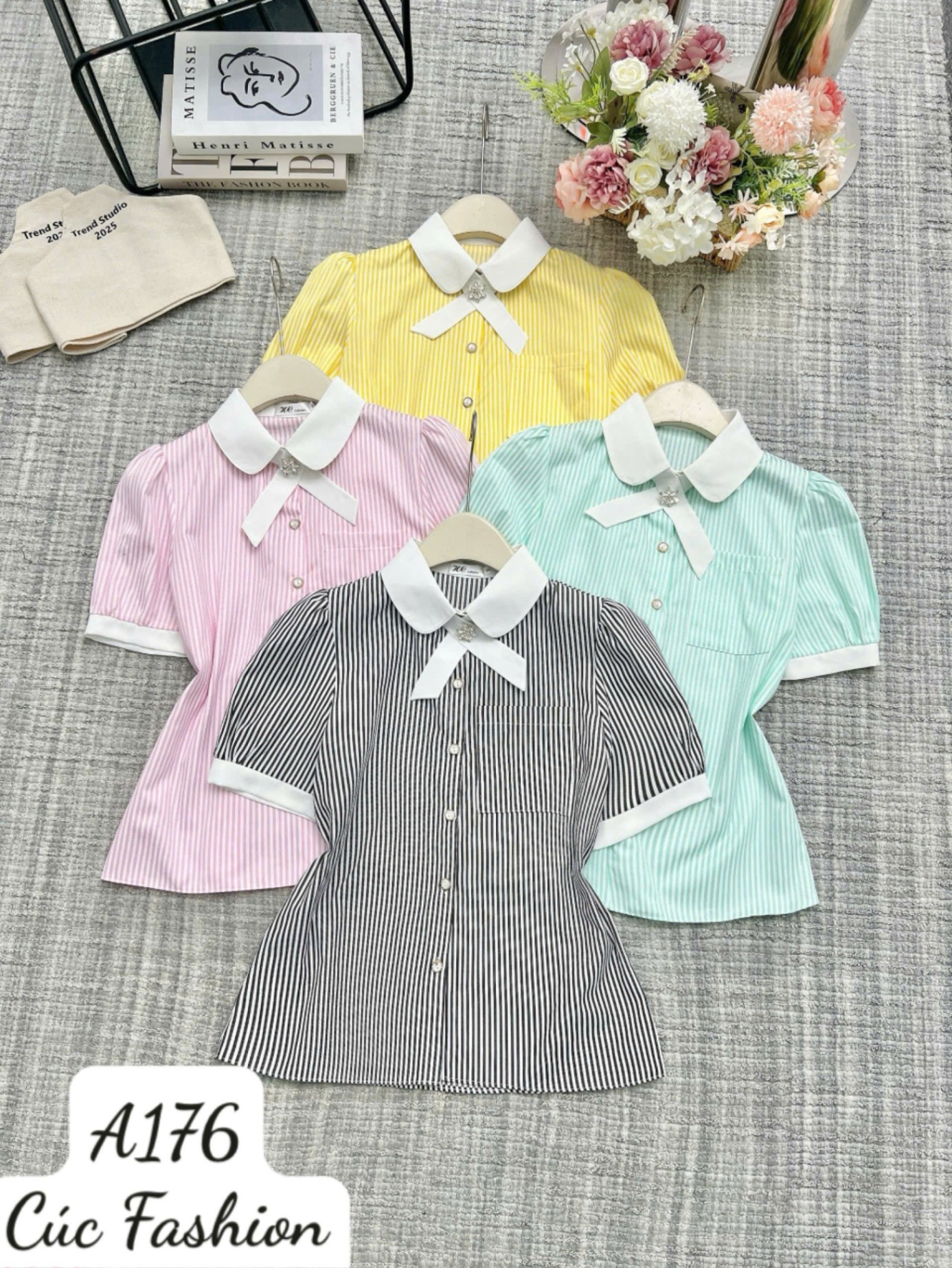 A176 Áo sơ mi kẻ cổ nơ cúc ngọc