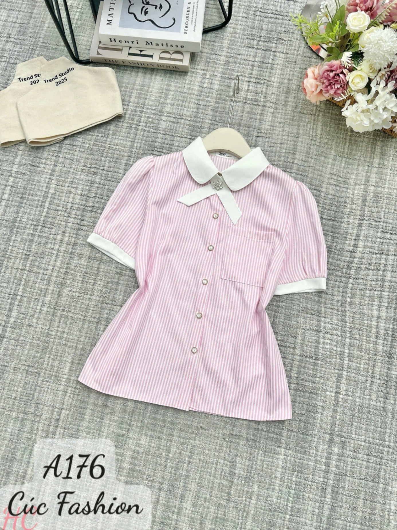 A176 Áo sơ mi kẻ cổ nơ cúc ngọc