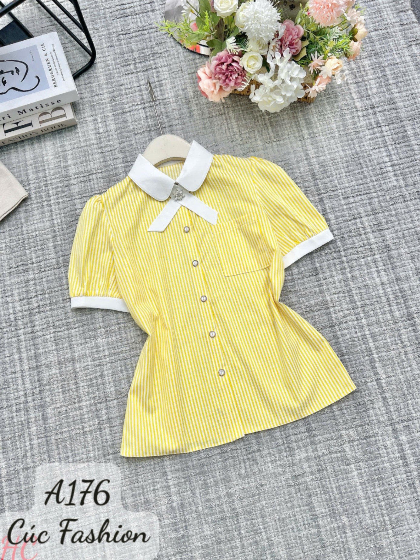 A176 Áo sơ mi kẻ cổ nơ cúc ngọc