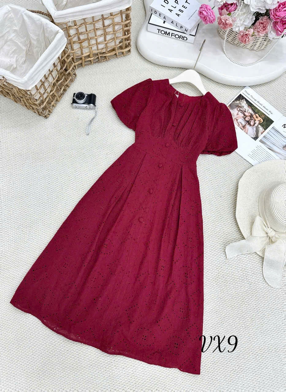 VX9 Váy ren hoa thêu cúc bọc dài 95cm