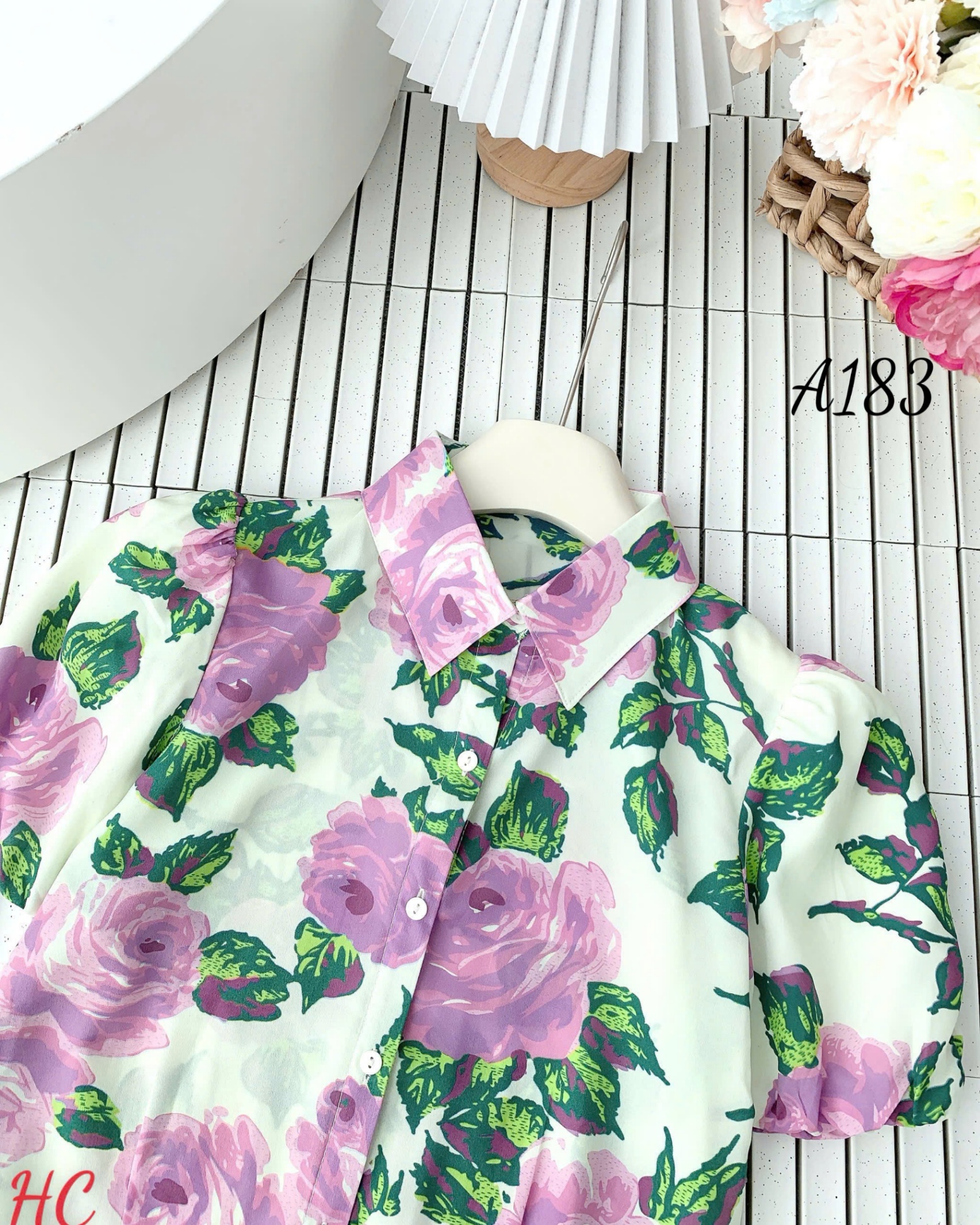 A183 Áo sơ mi hoa dáng lửng