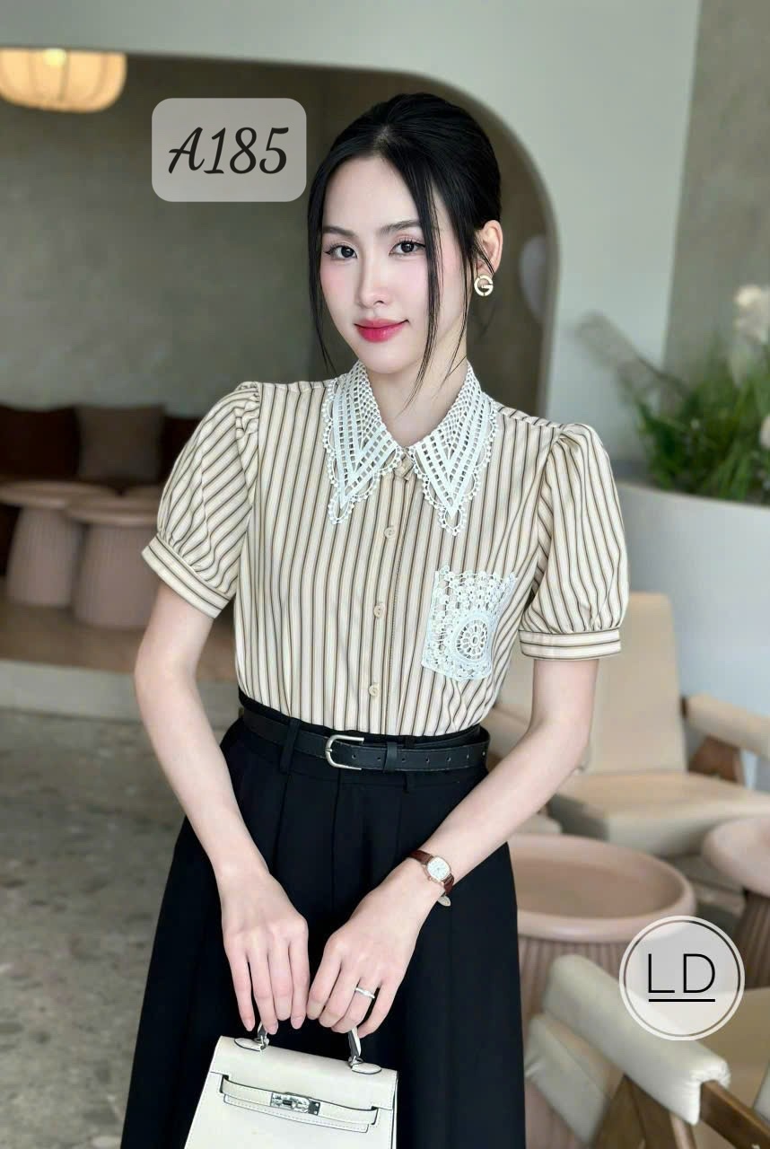A185 Áo sơ mi kẻ ren cổ nhọn