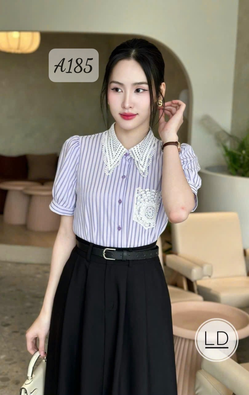 A185 Áo sơ mi kẻ ren cổ nhọn