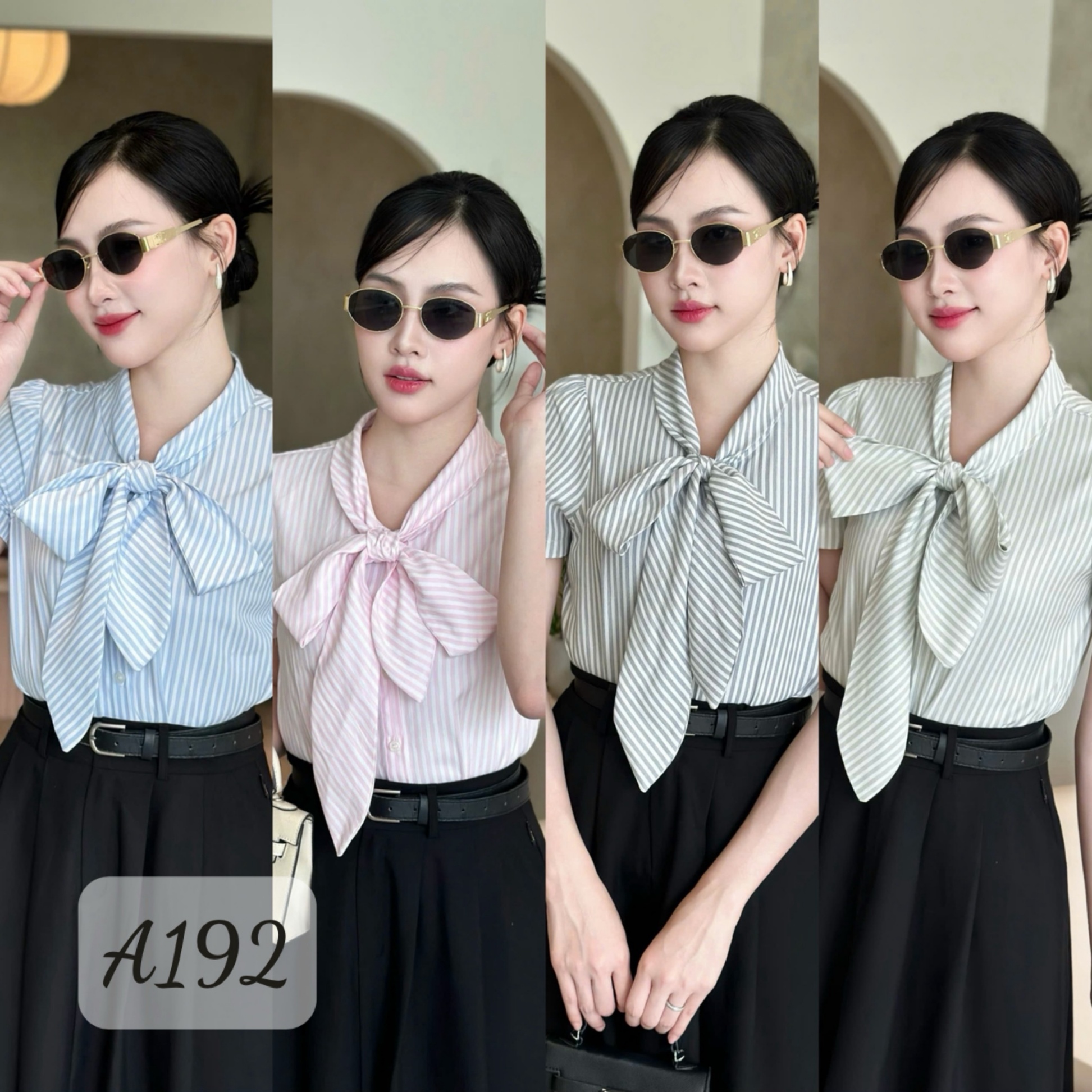A192 Sơ mi kẻ thắt nơ bản to