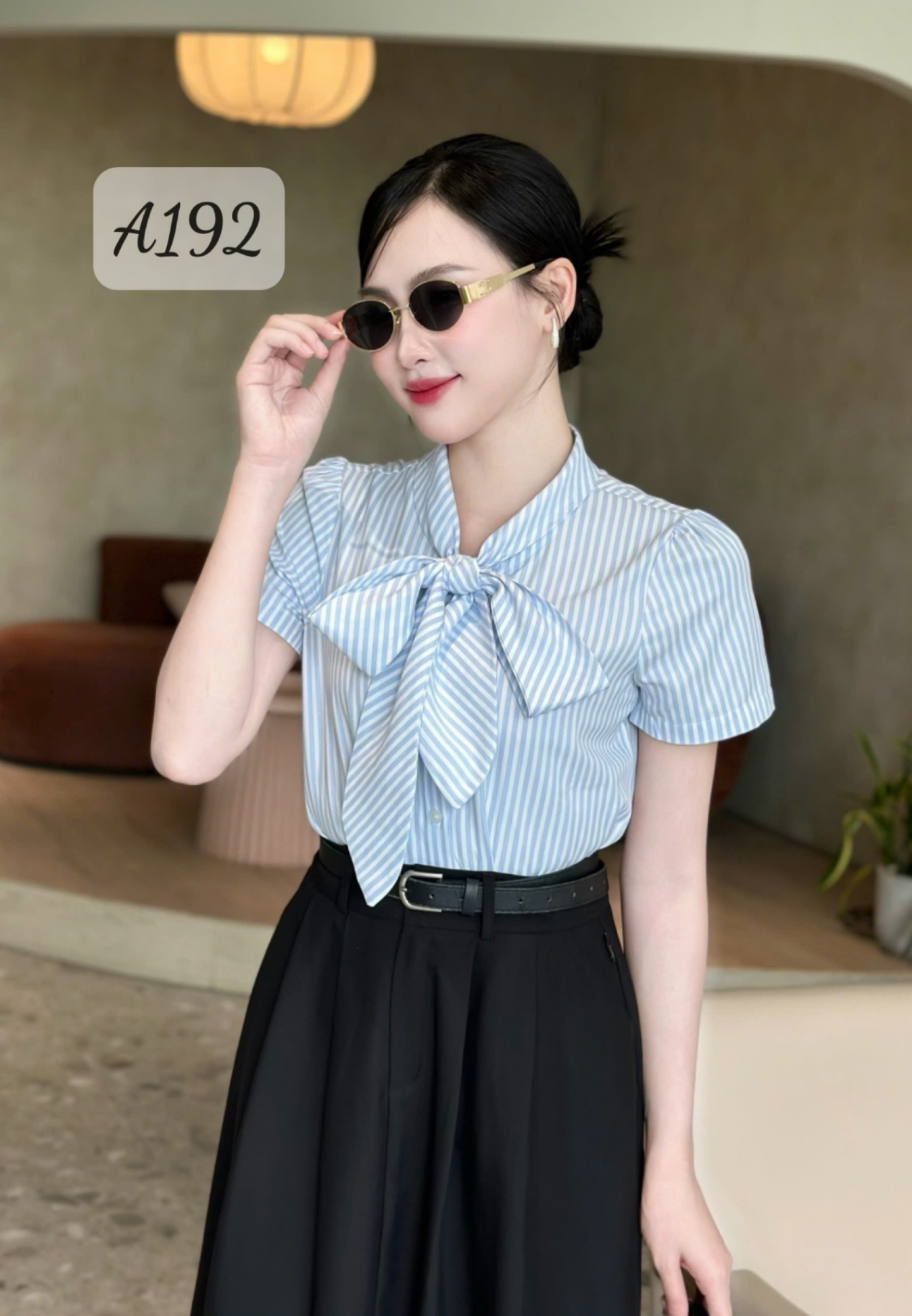 A192 Sơ mi kẻ thắt nơ bản to