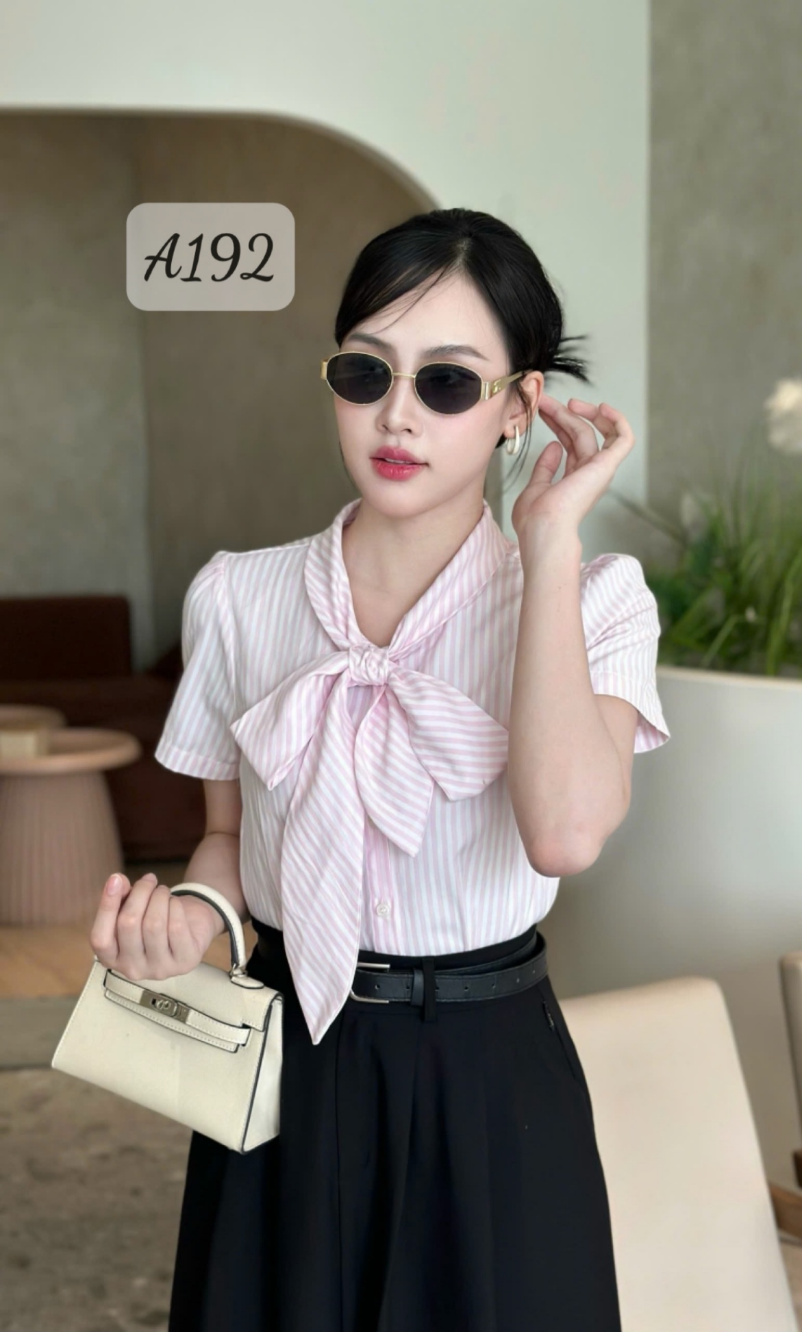 A192 Sơ mi kẻ thắt nơ bản to