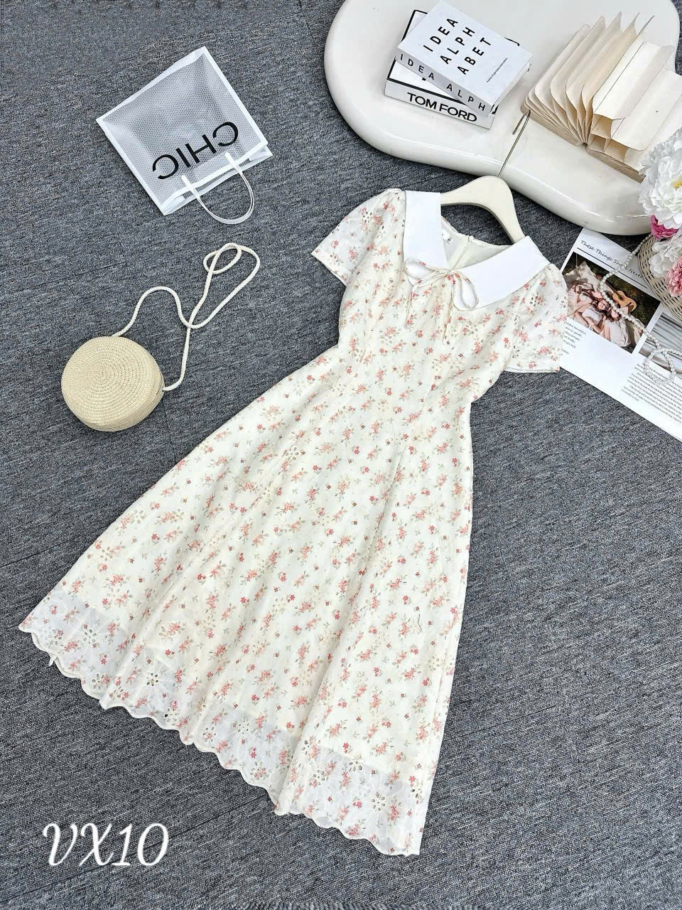 VX10 Váy dài cổ sen hoa nhí
