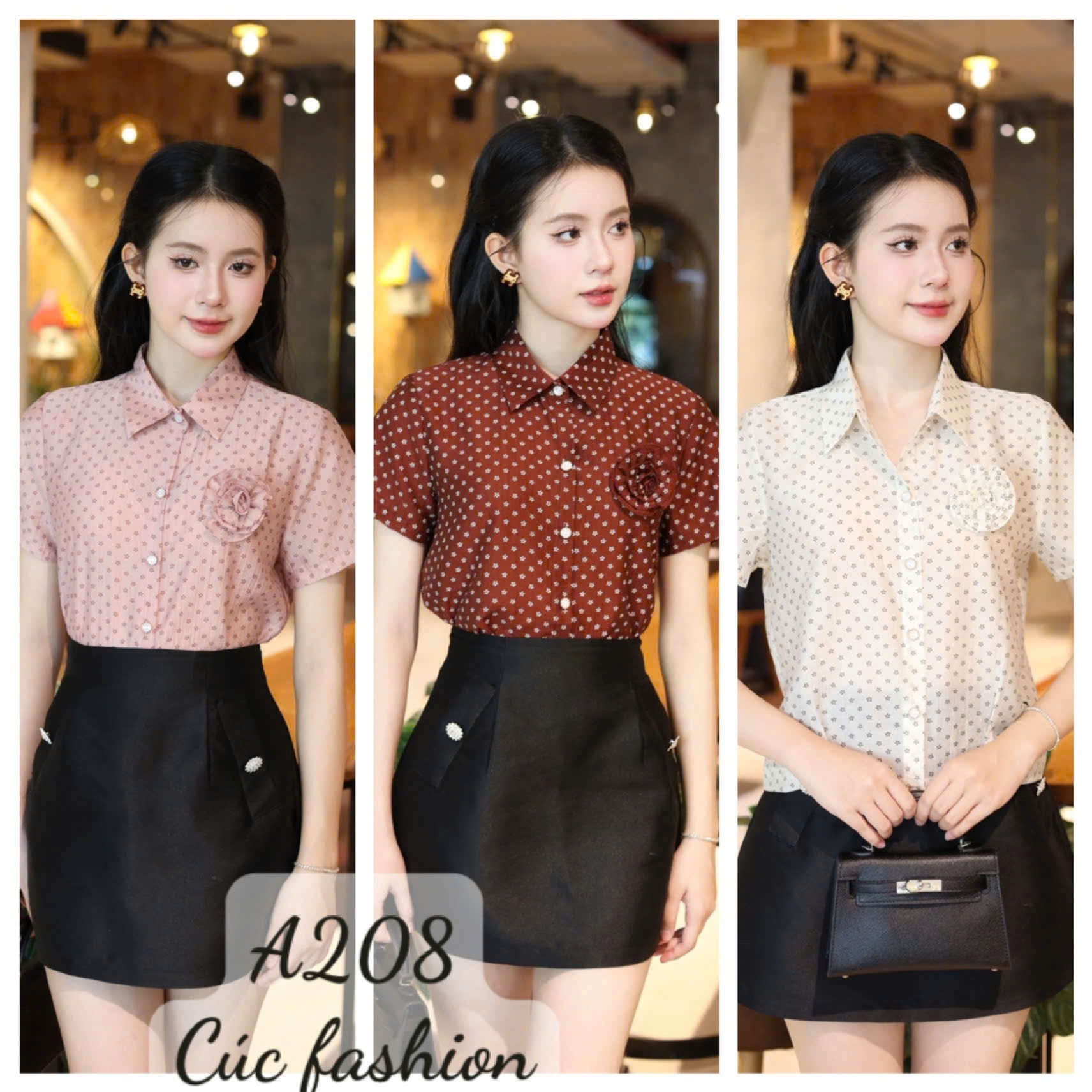 A208 Áo sơ mi chấm bi đính hoa