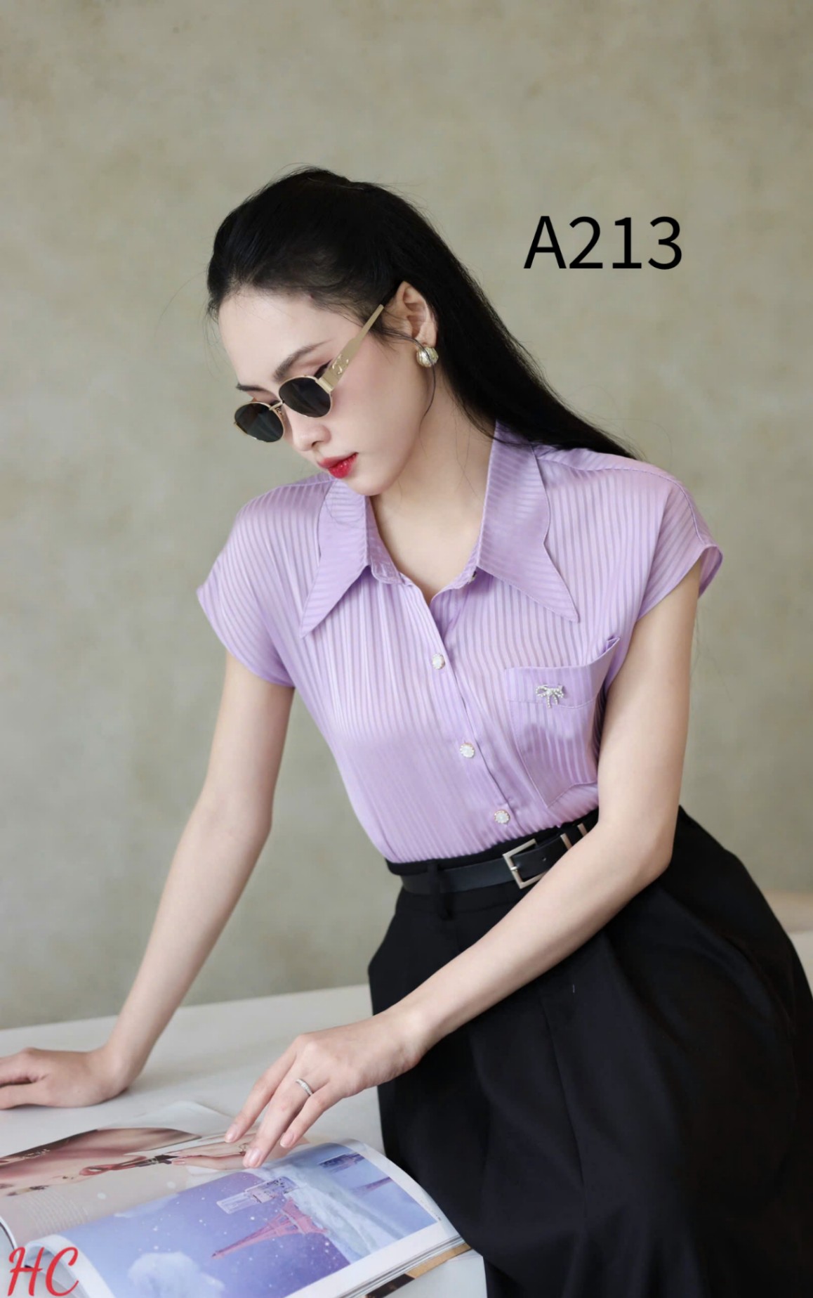 A213 Áo sơ mi cổ bướm túi ngực tag nơ