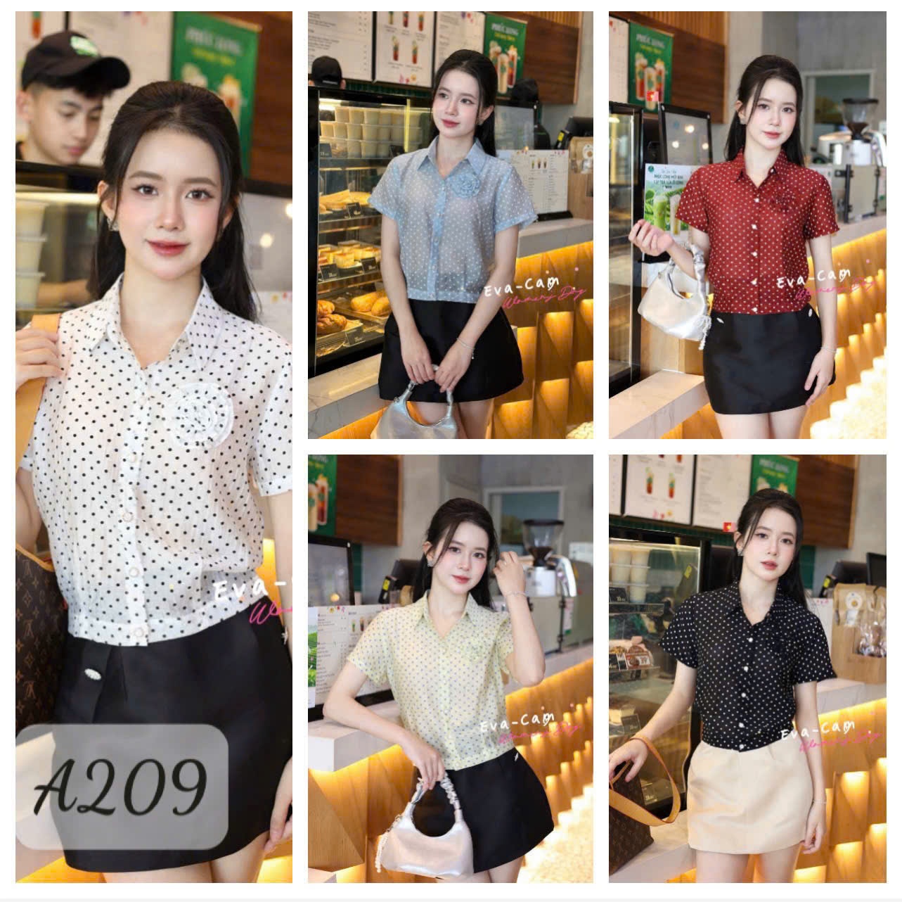 A209 Áo sơ mi chấm bi đính hoa