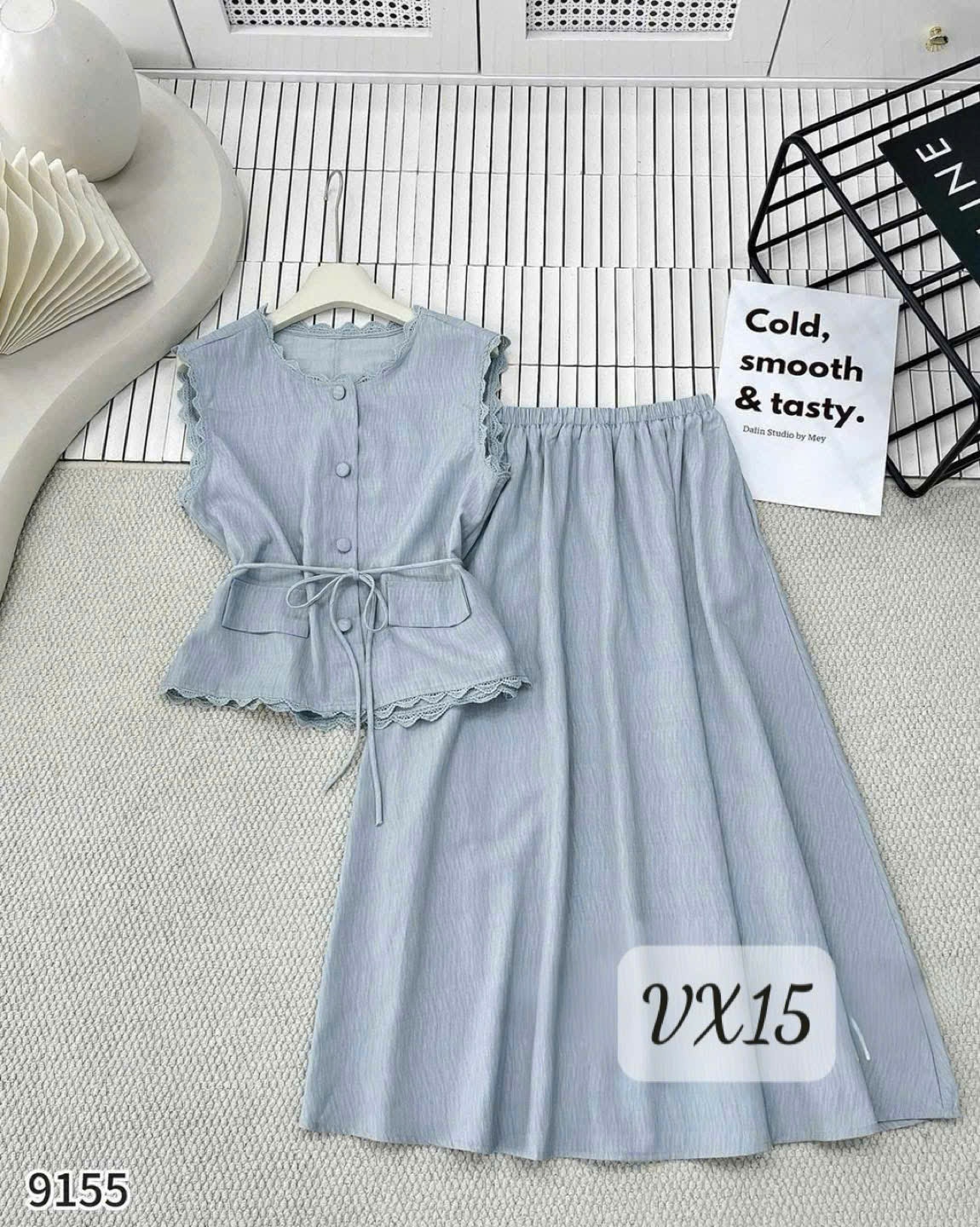 VX15 Set váy dài sát nách cúc bọc