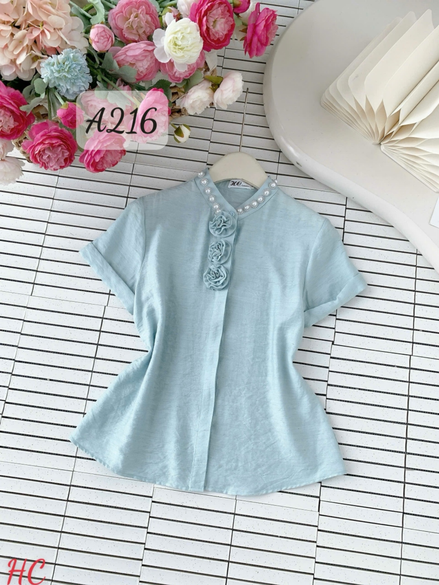 A216 Áo sơ mi ngọc đính cổ