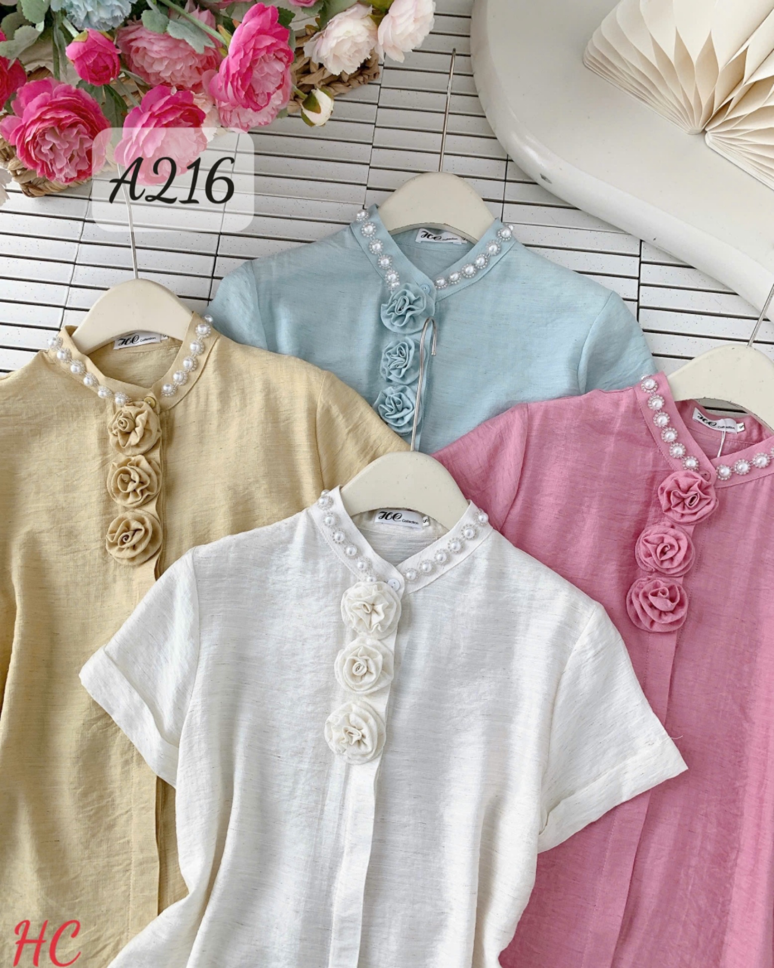 A216 Áo sơ mi ngọc đính cổ