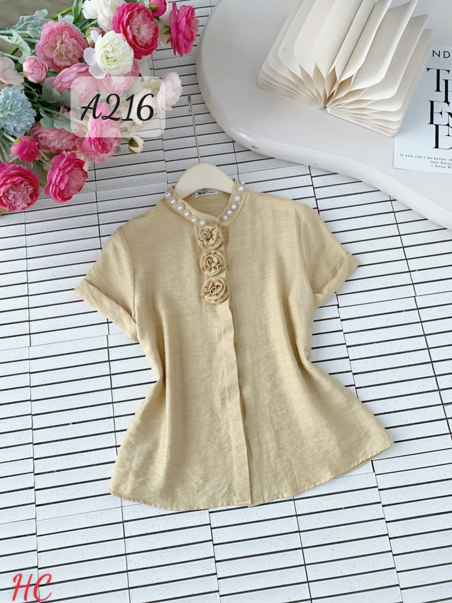A216 Áo sơ mi ngọc đính cổ