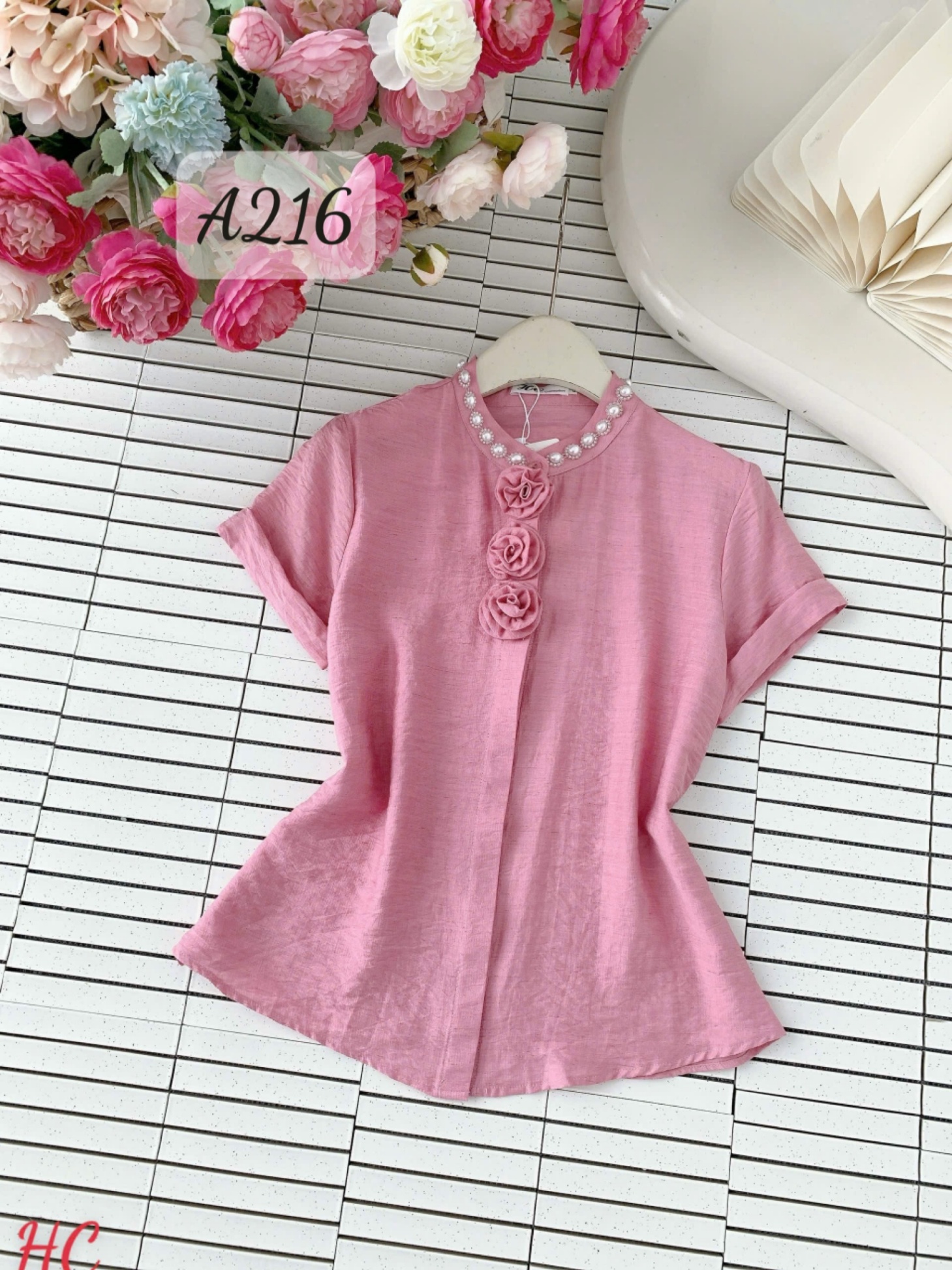 A216 Áo sơ mi ngọc đính cổ