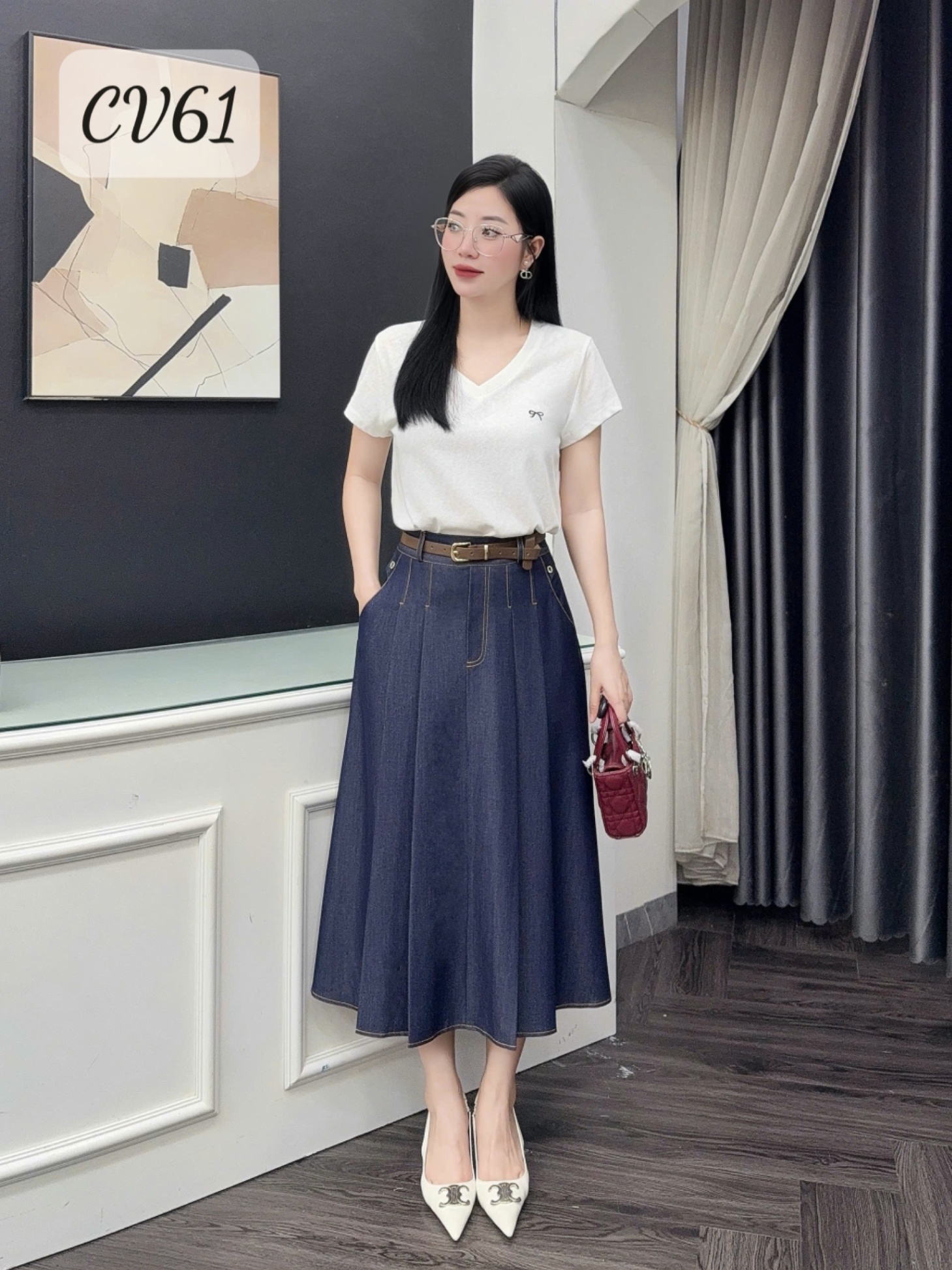 CV61 Chân váy bò xếp li