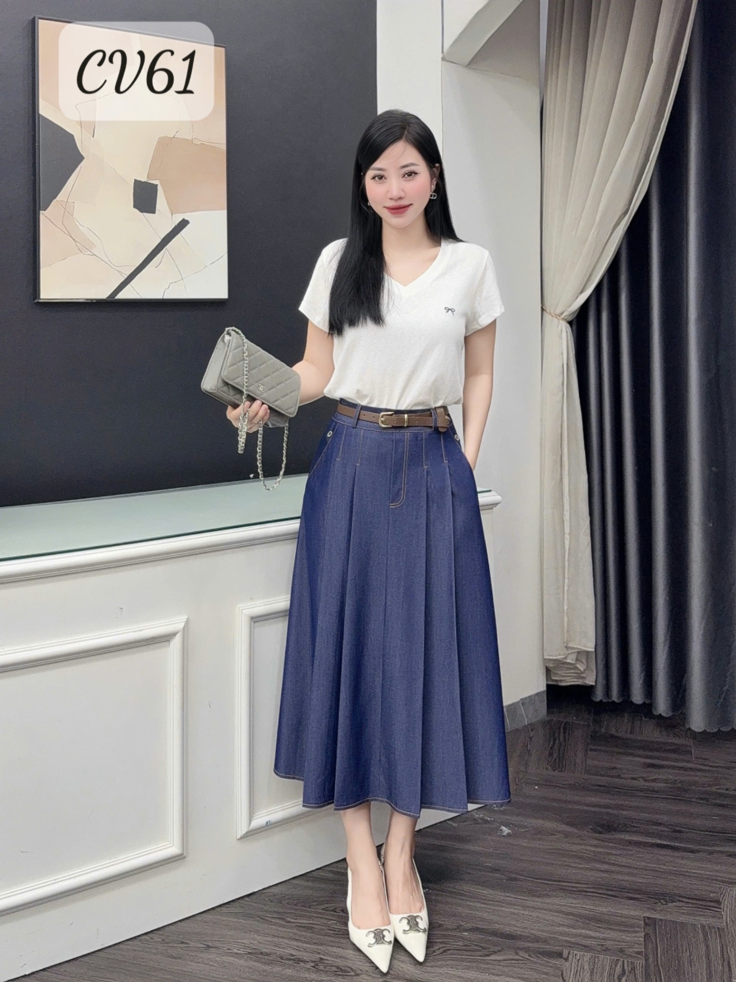 CV61 Chân váy bò xếp li