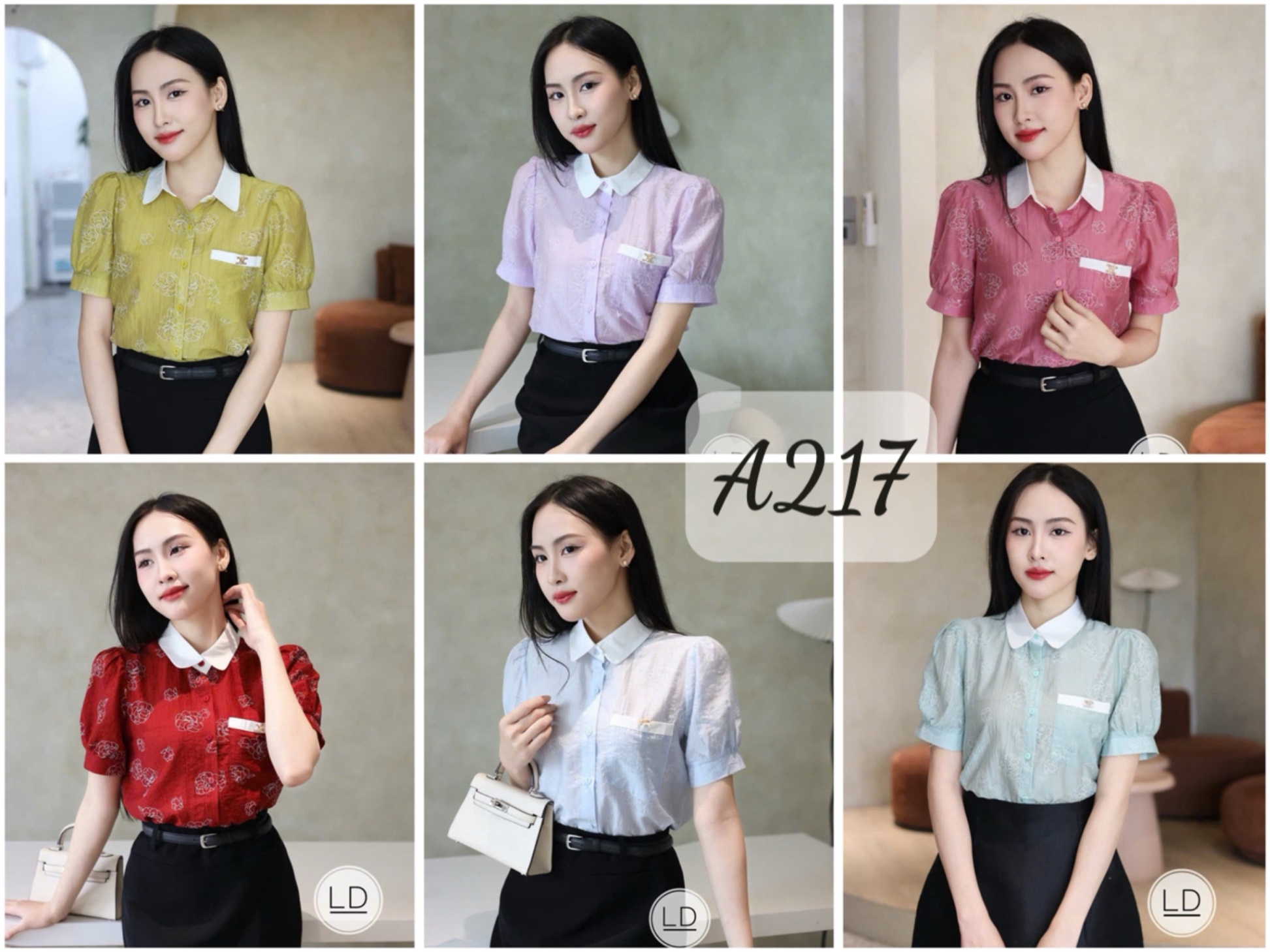 A217 Áo sơ mi in hoa cổ sen trắng