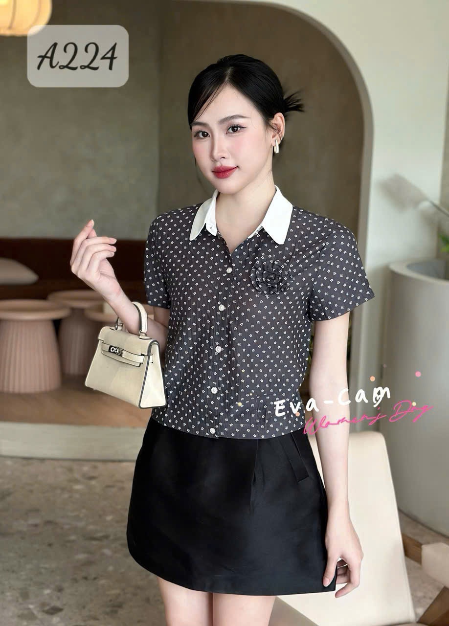 A224 Áo sơ mi chấm bi cổ trắng