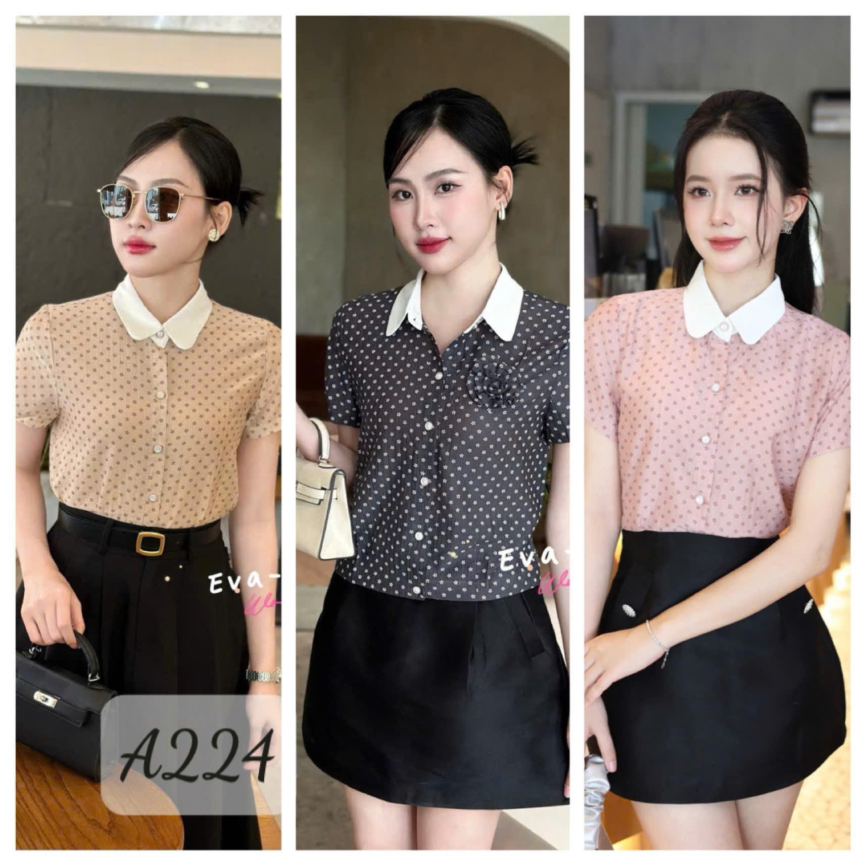 A224 Áo sơ mi chấm bi cổ trắng