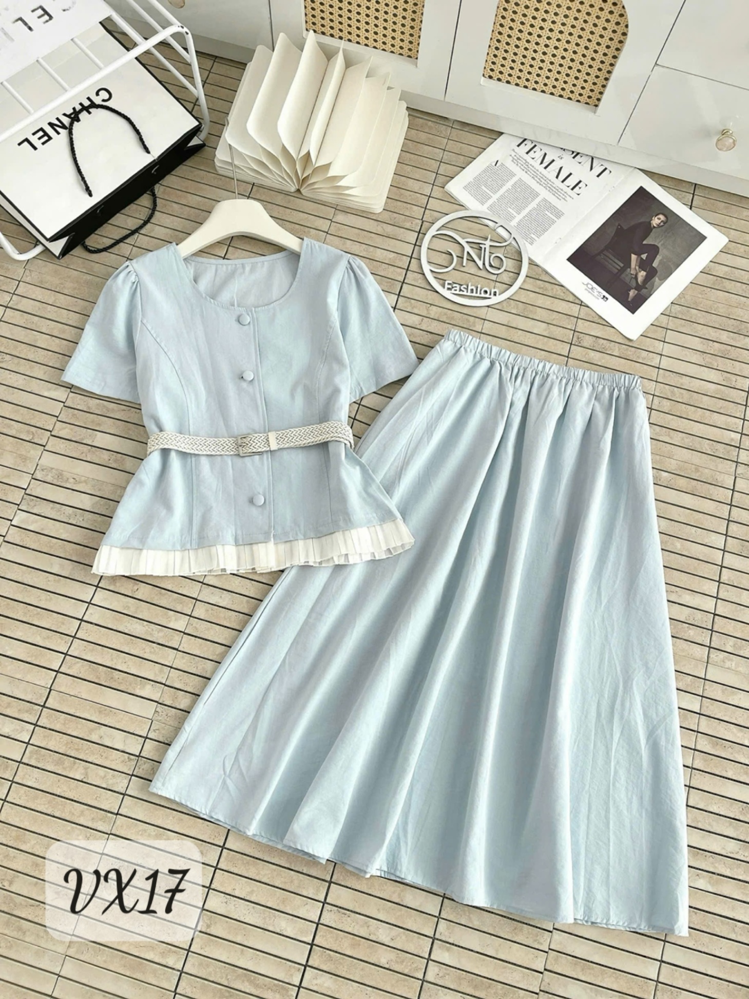 VX17 Set váy cúc bọc thắt đai