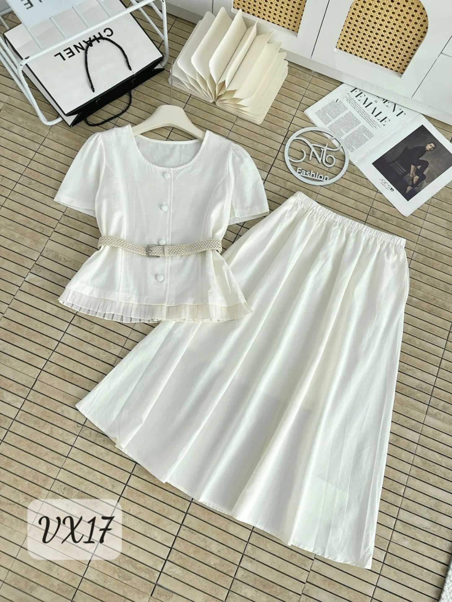 VX17 Set váy cúc bọc thắt đai
