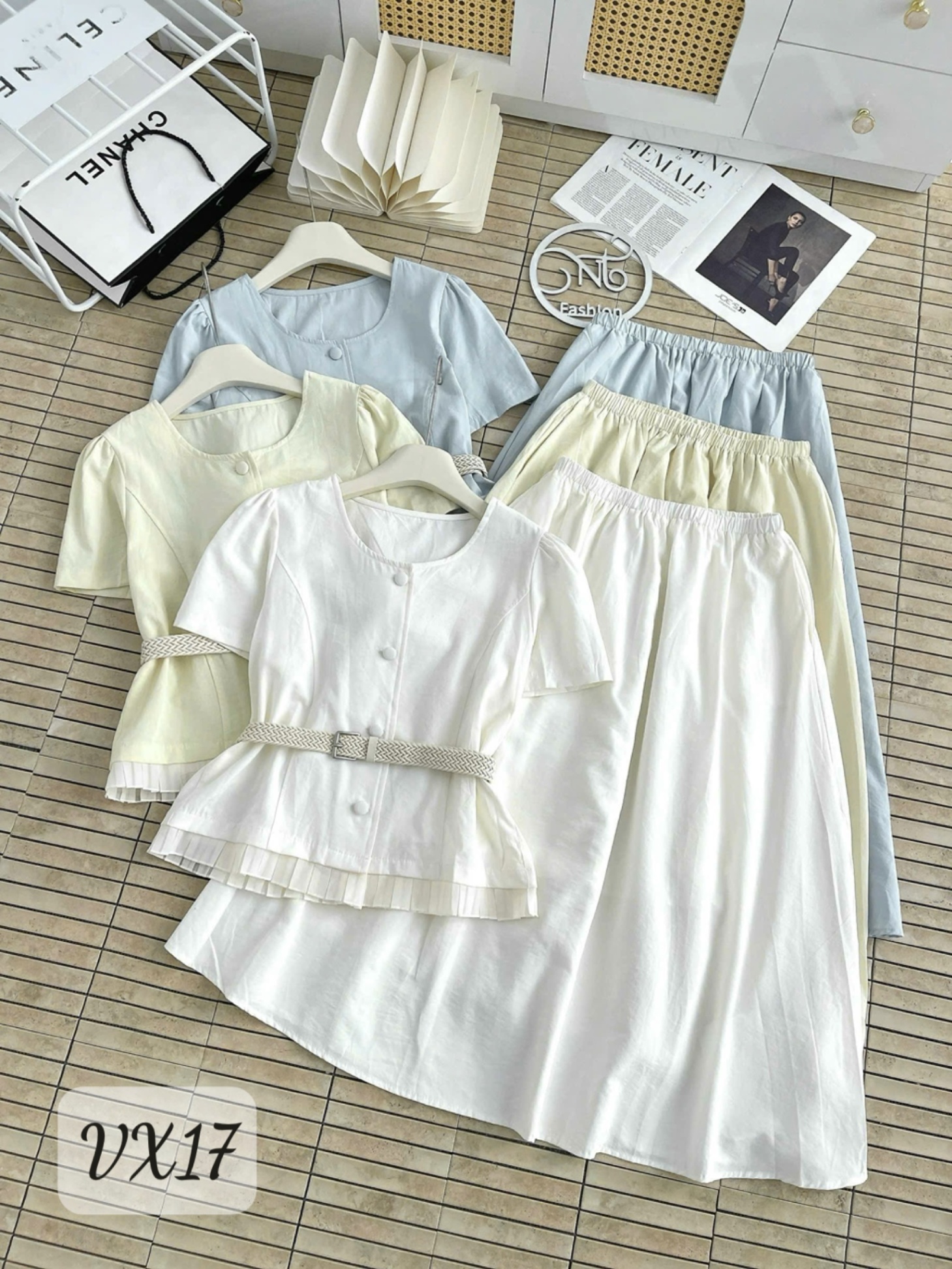 VX17 Set váy cúc bọc thắt đai