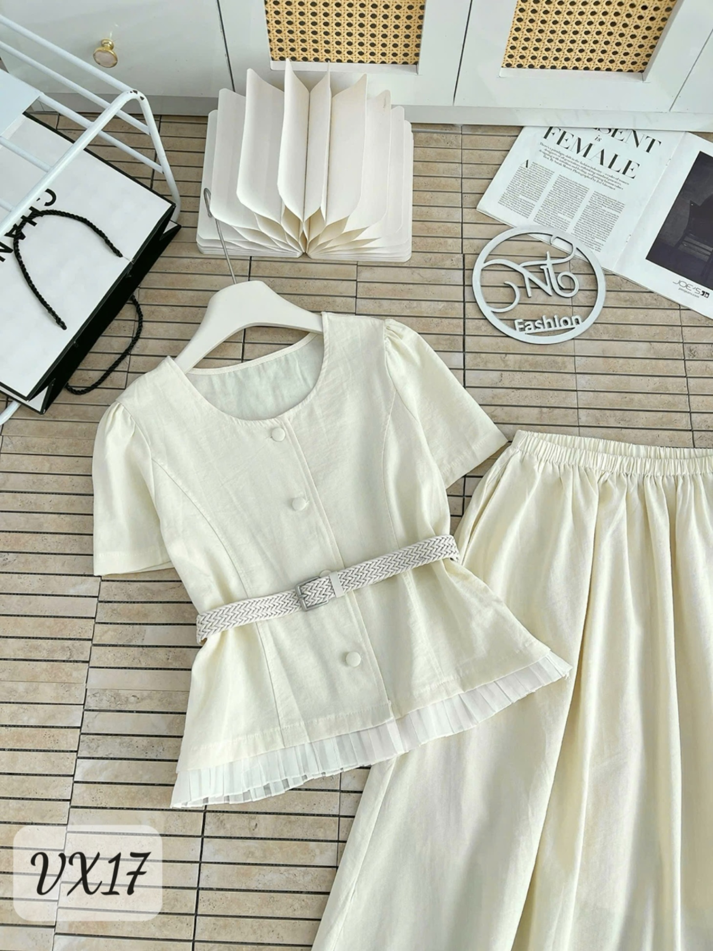 VX17 Set váy cúc bọc thắt đai