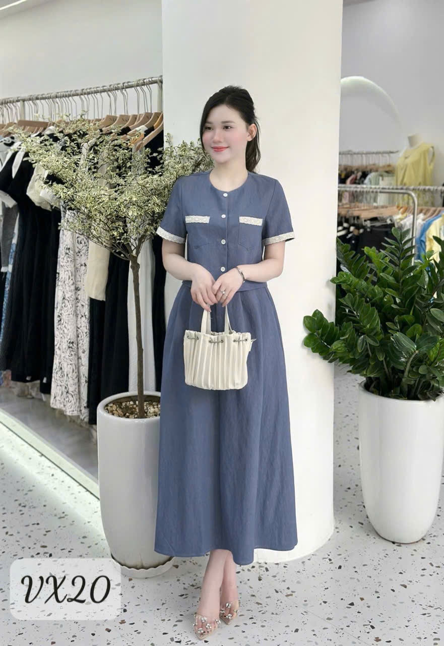 VX20 Set váy tay cộc phối ren