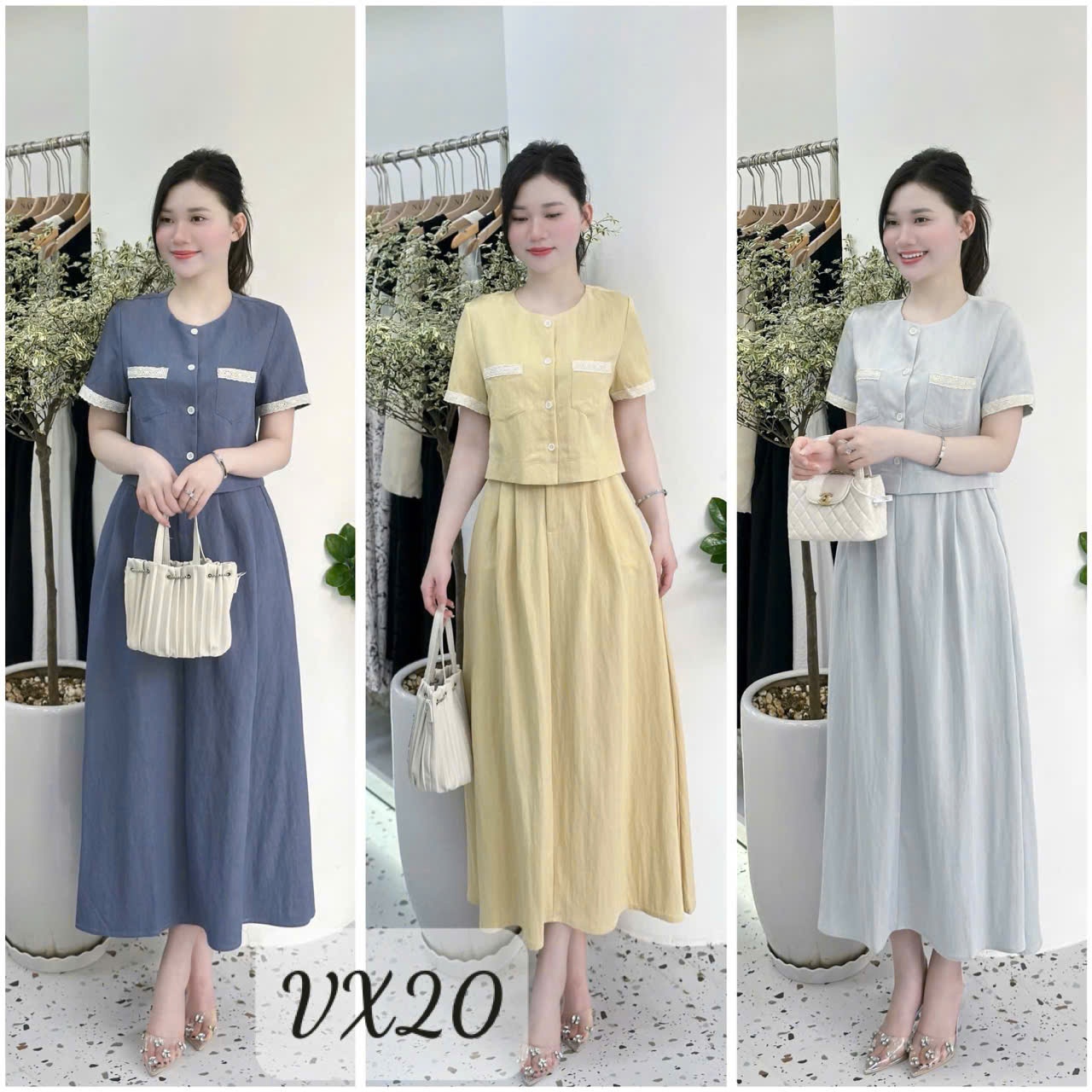 VX20 Set váy tay cộc phối ren