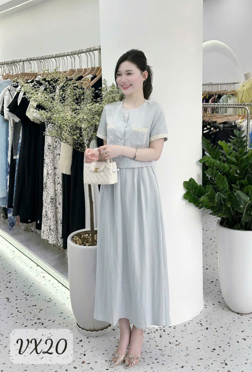 VX20 Set váy tay cộc phối ren