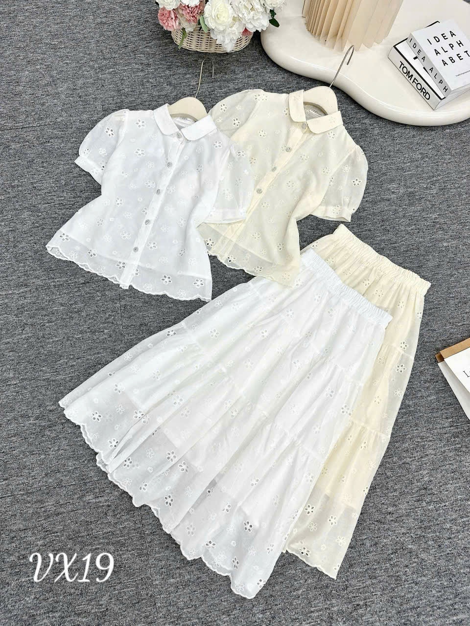 VX19 Set váy ren cúc ngọc