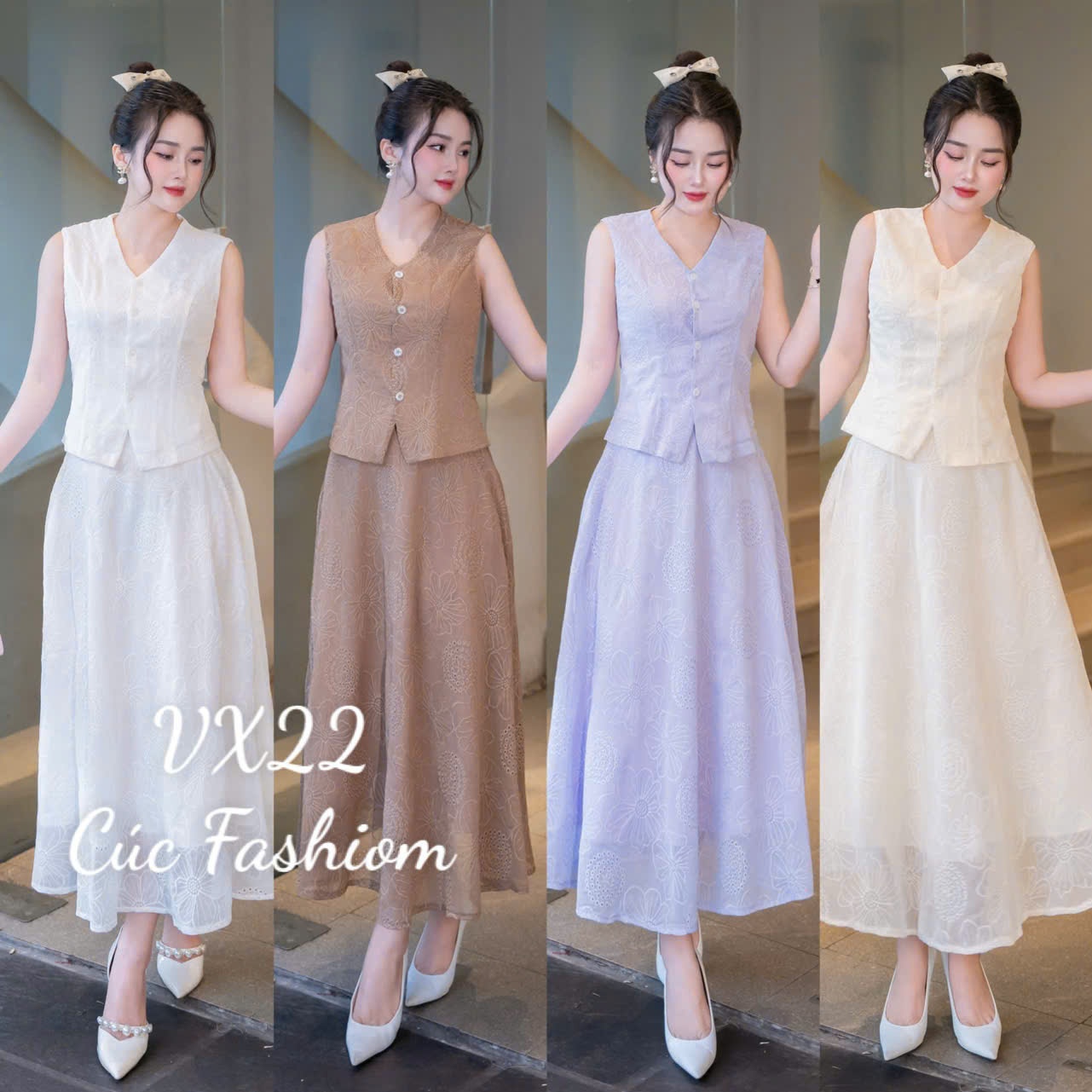 VX22 Set váy xòe thêu hoa