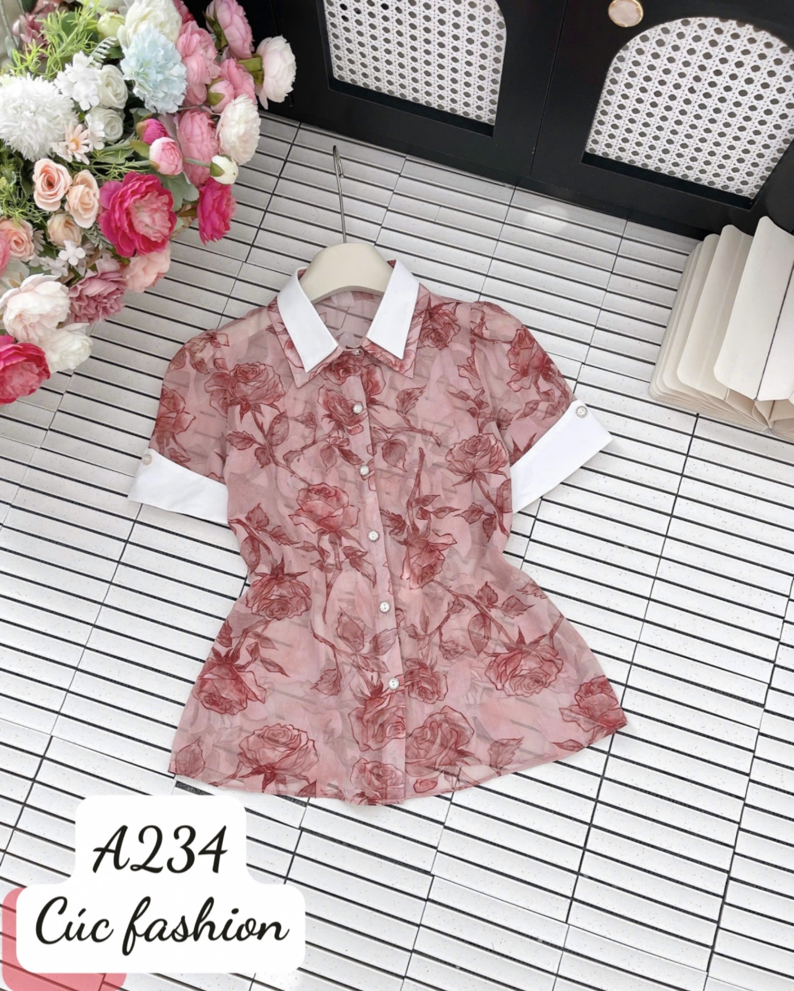 A234 Áo sơ mi họa tiết hoa 3D