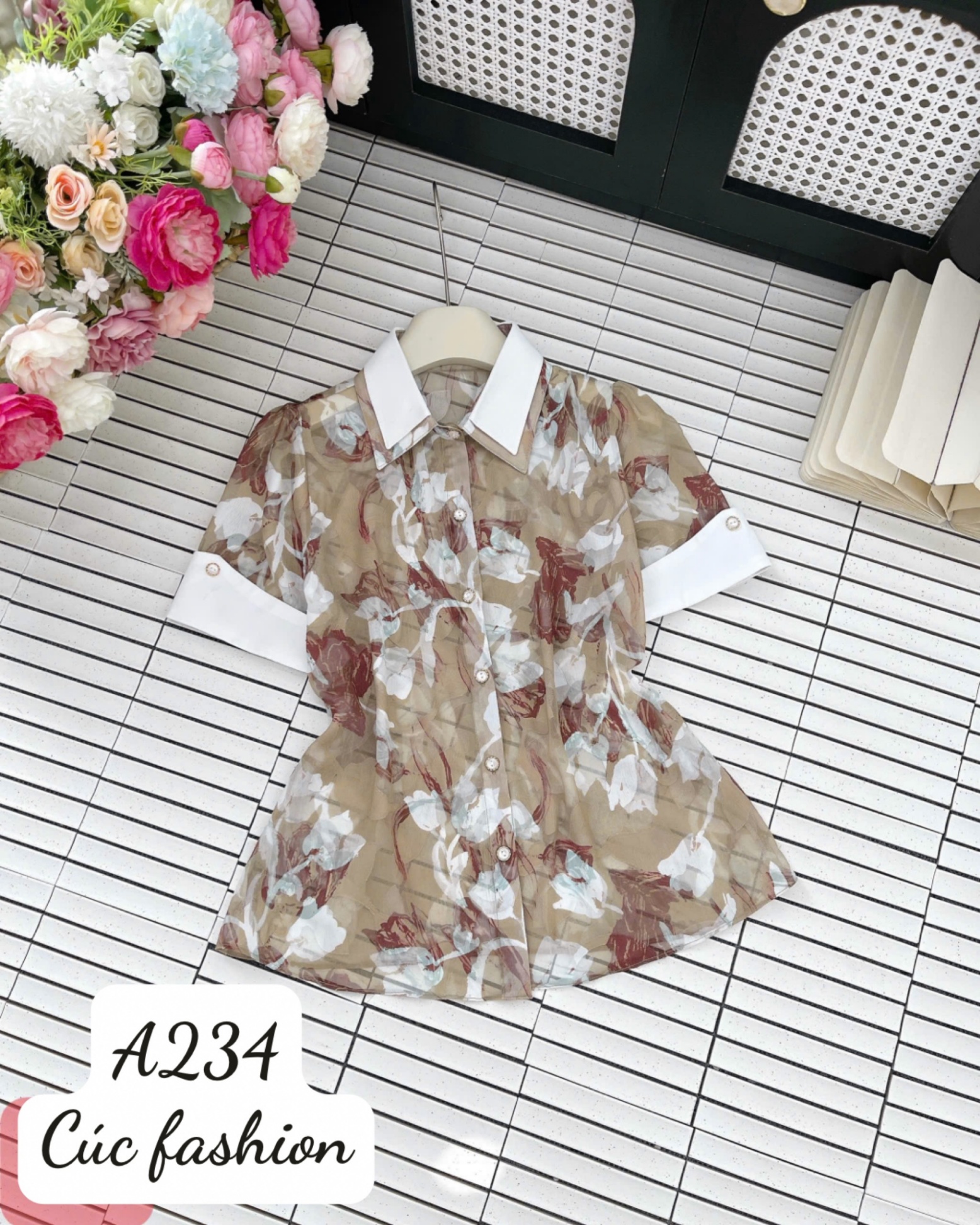 A234 Áo sơ mi họa tiết hoa 3D