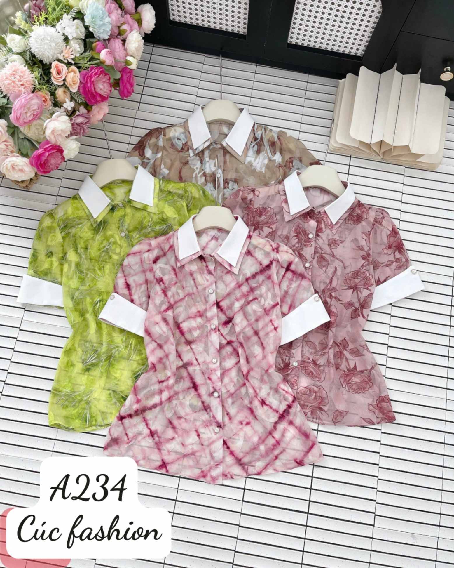 A234 Áo sơ mi họa tiết hoa 3D