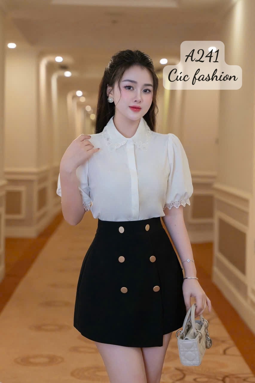 A241 Áo sơ mi cổ đính cườm tay ren