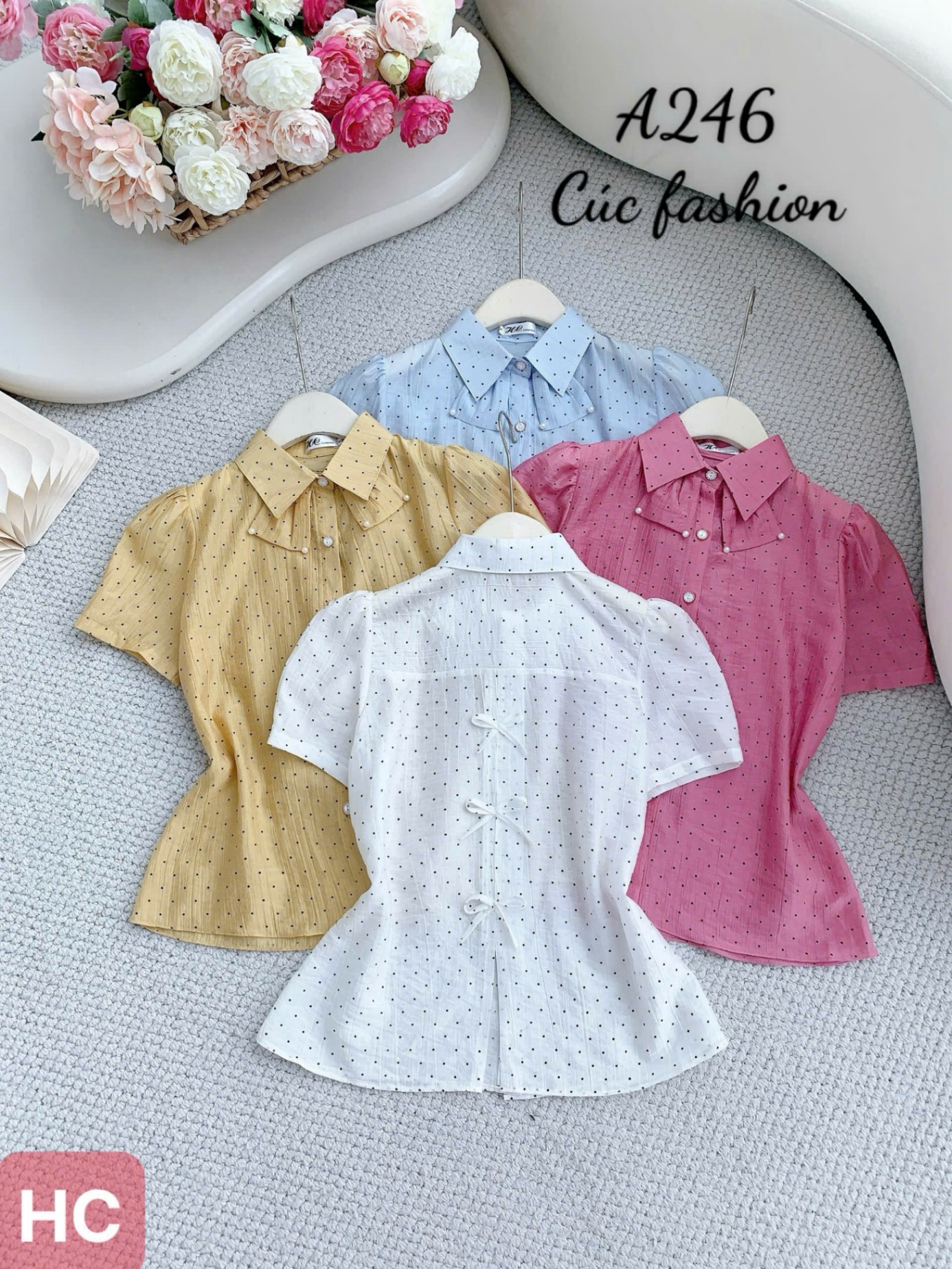A246 Áo sơ mi nơ cổ họa tiết chấm bi