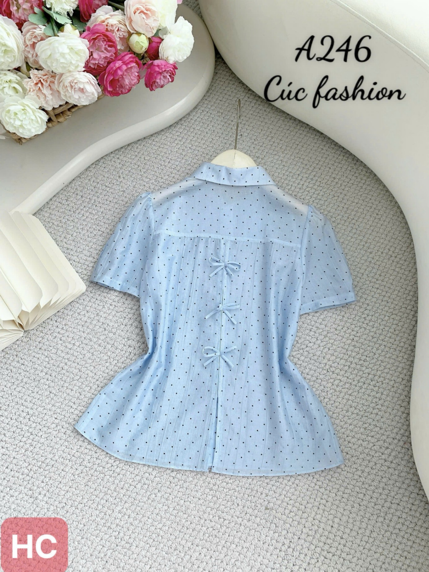 A246 Áo sơ mi nơ cổ họa tiết chấm bi