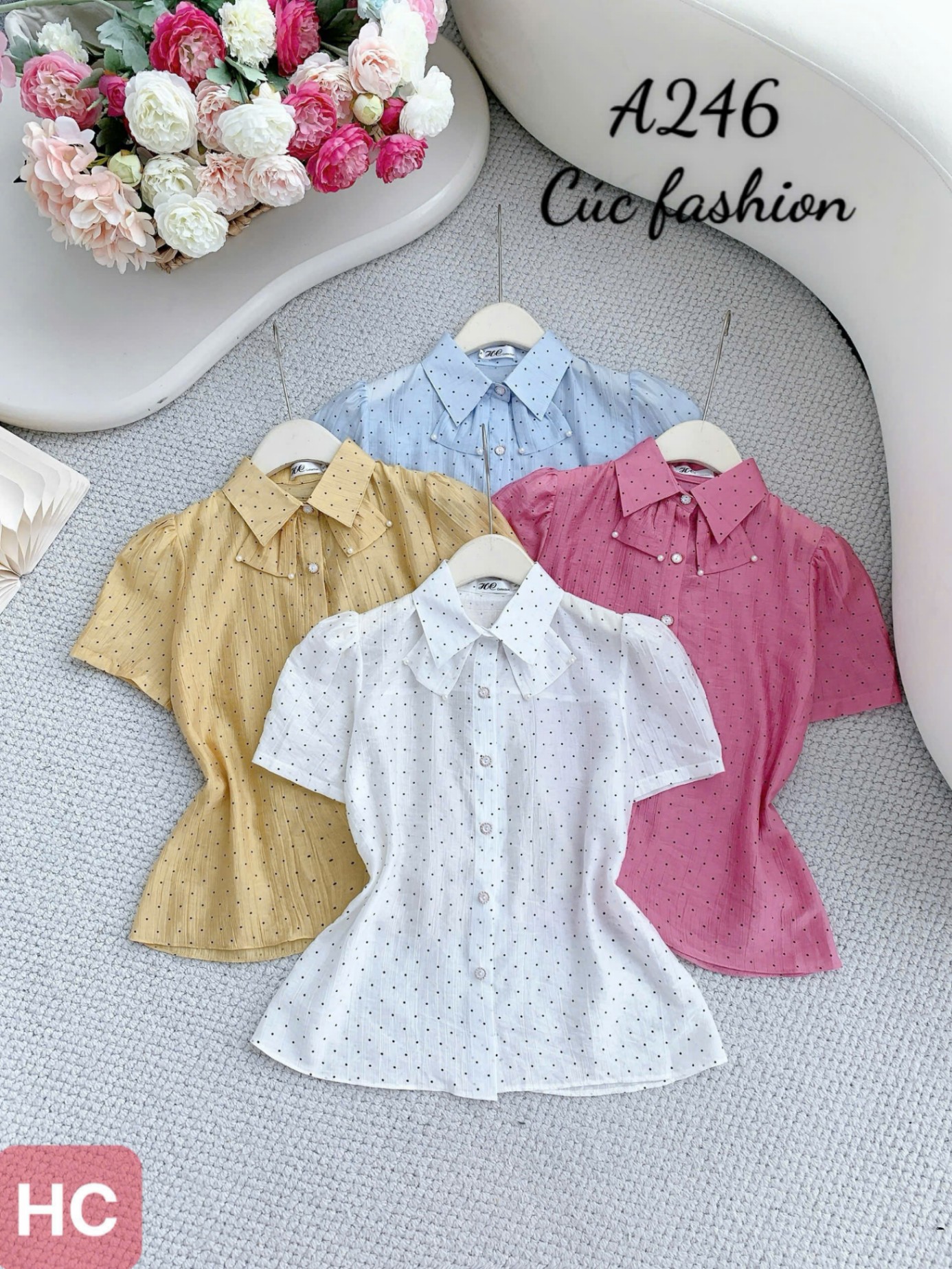 A246 Áo sơ mi nơ cổ họa tiết chấm bi