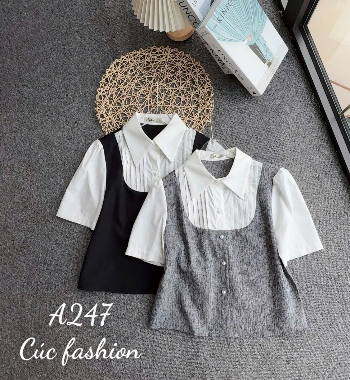 A247 Áo sơ mi cổ xếp ly cúc ngọc