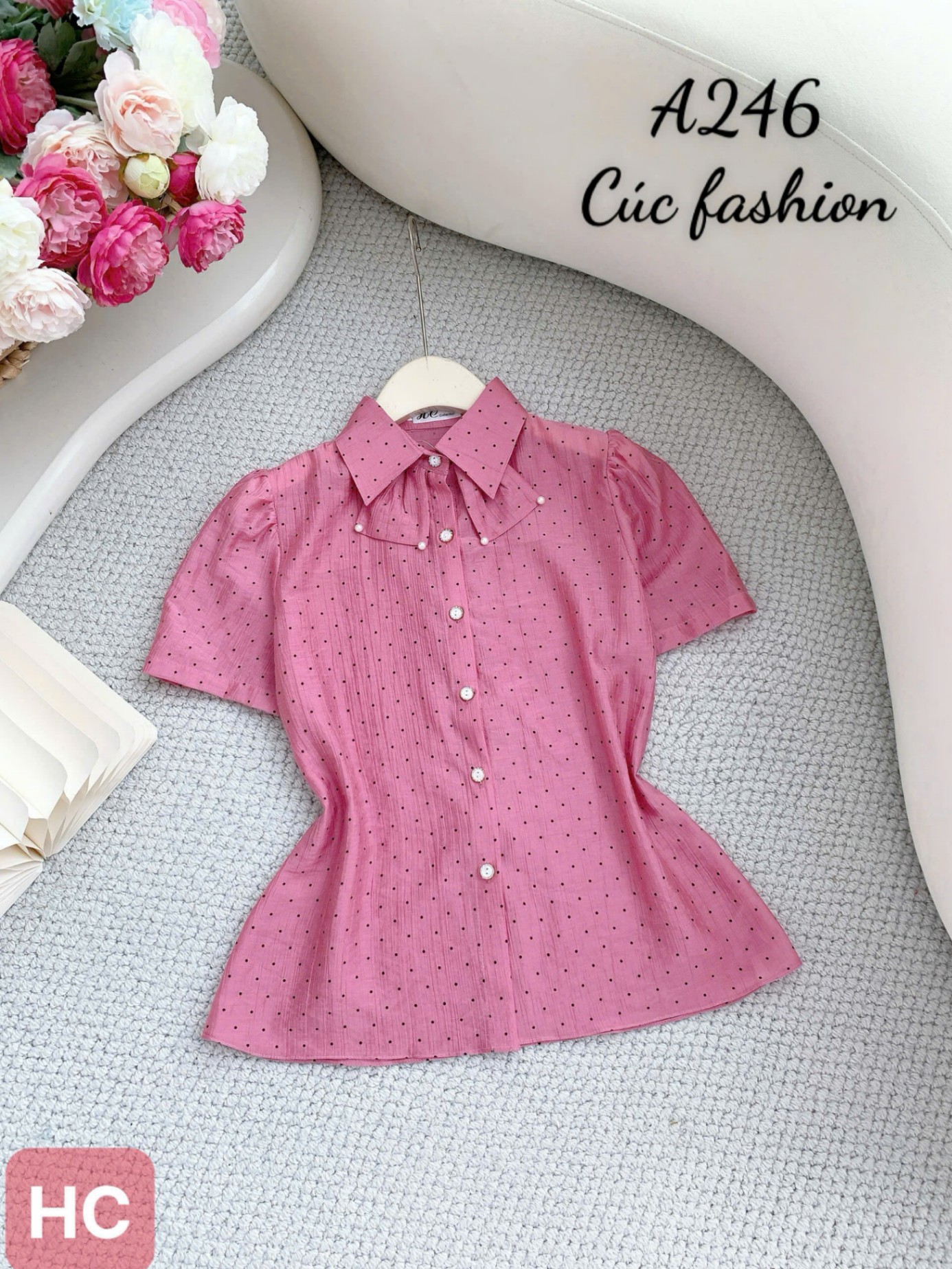 A246 Áo sơ mi nơ cổ họa tiết chấm bi