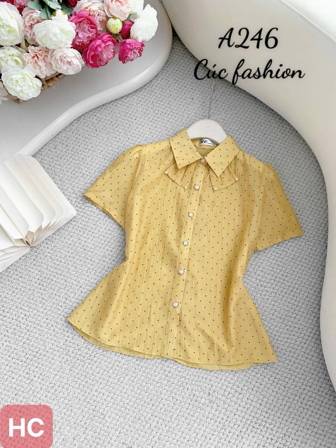 A246 Áo sơ mi nơ cổ họa tiết chấm bi