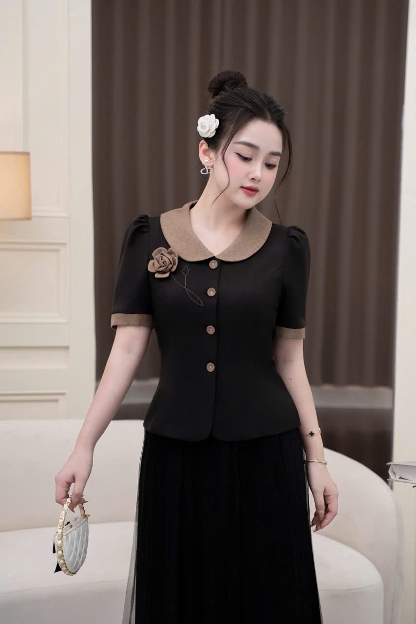 A250 Áo ký giả đính hoa phối cổ